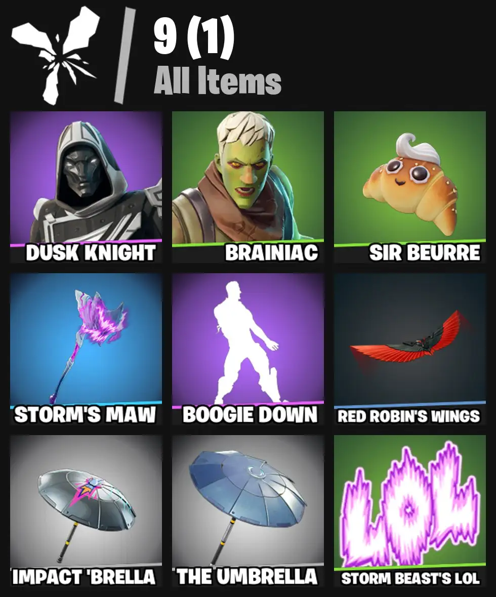 [PC/PSN/XBOX] 2 skins | Blitz Knight | Brainiac | Sir Beurre | Storm's Maw | Boogie Down | Red Robin's Wings | Impact 'Brella | The Umbrella | 200 VB