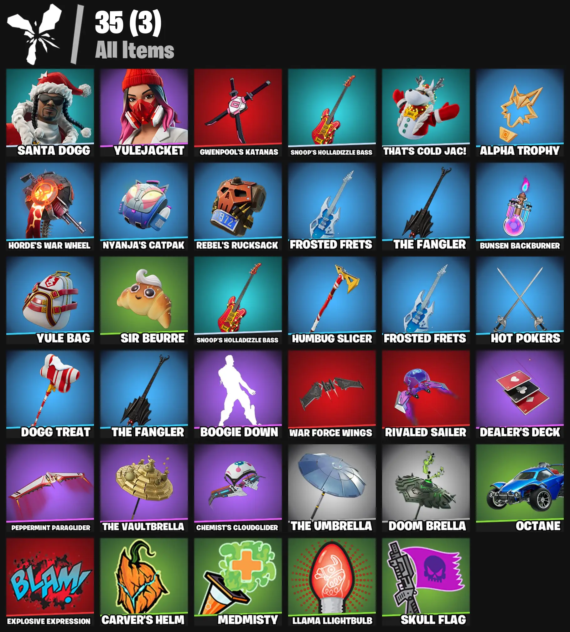 [PC/PSN/XBOX] 2 skins | Santa Dogg | Yulejacket | Gwenpool's Katanas | Snoop's Holladizzle Bass | That's Cold Jac! | Alpha Trophy | 200 VB