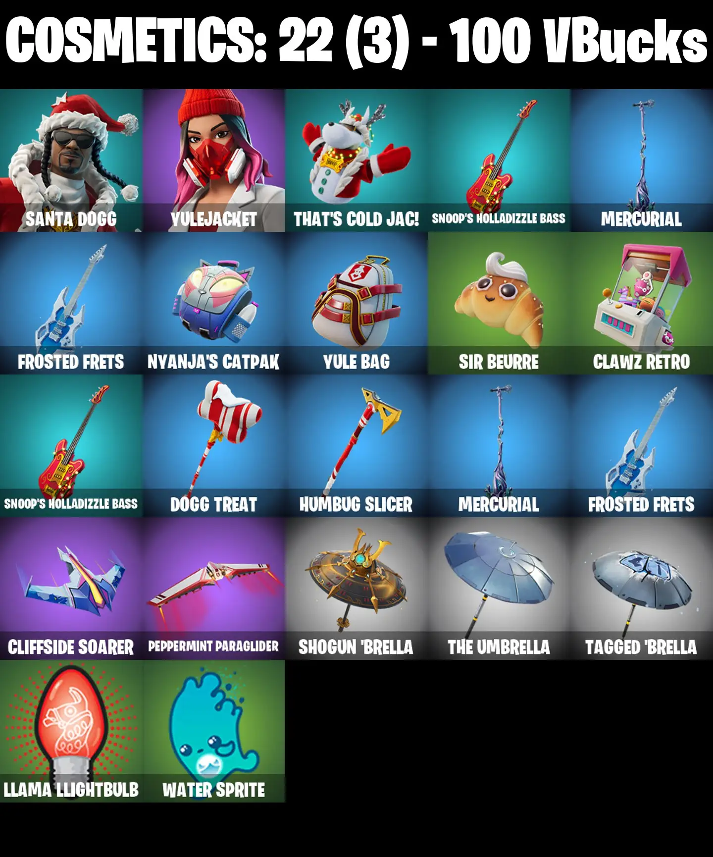 [PC/PSN/XBOX] 2 skins | Santa Dogg | Yulejacket | That's Cold Jac! | Snoop's Holladizzle Bass | Mercurial | Frosted Frets | Nyanja's Catpak | 100 VB
