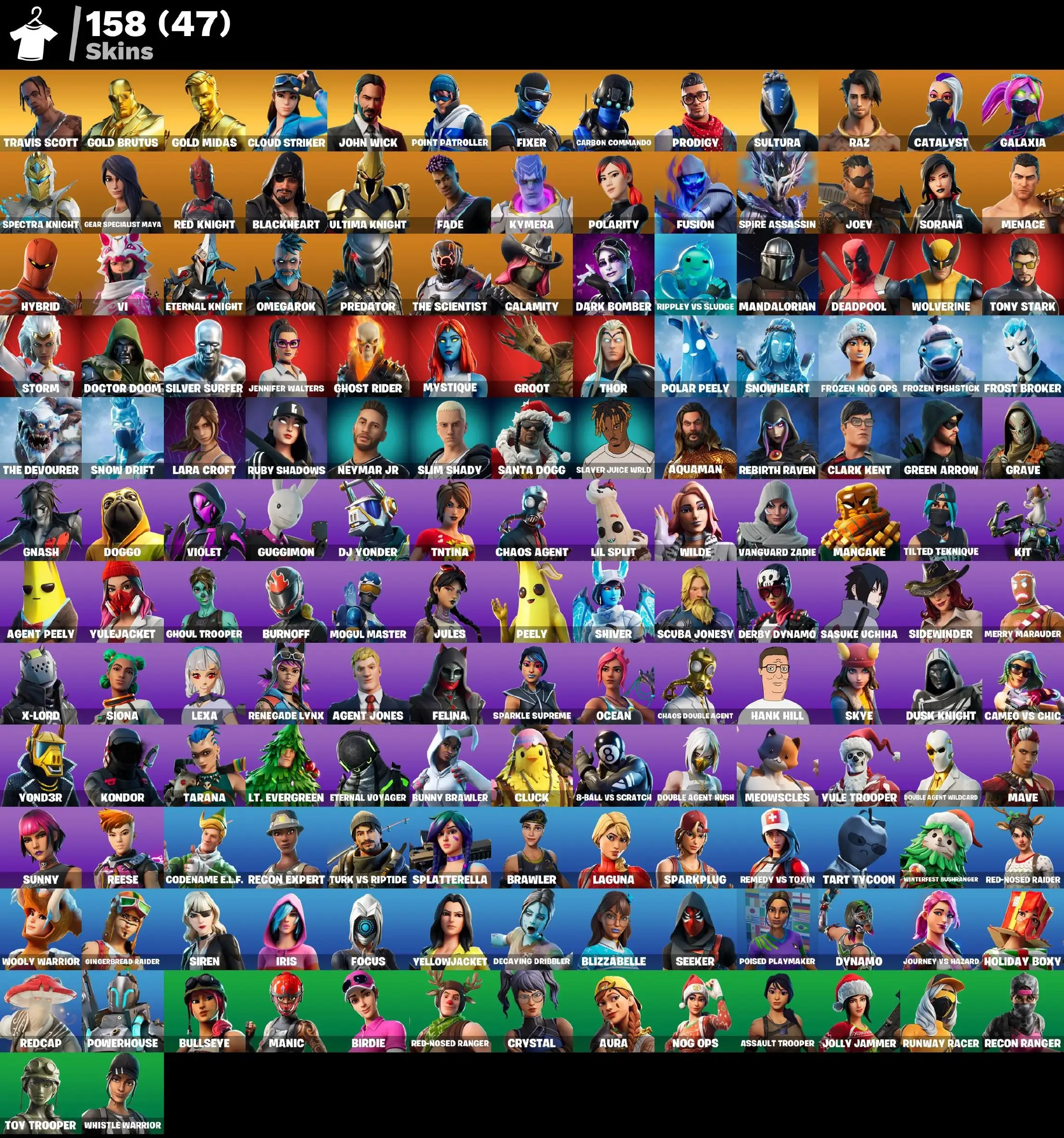 158 skins | Travis Scott | Gold Brutus | Gold Midas | Cloud Striker | John Wick | Point Patroller | Fixer | Carbon Commando | Prodigy | Sultura | 320 VB