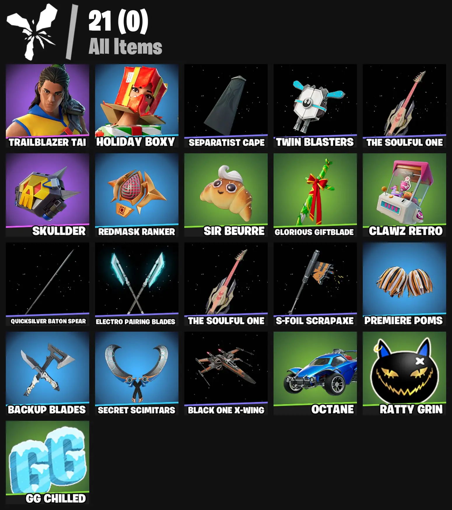[PC/PSN/XBOX] 2 skins | Trailblazer Tai | Holiday Boxy | Separatist Cape | Twin Blasters | The Soulful One | Skullder | Redmask Ranker | Sir Beurre | 200 VB