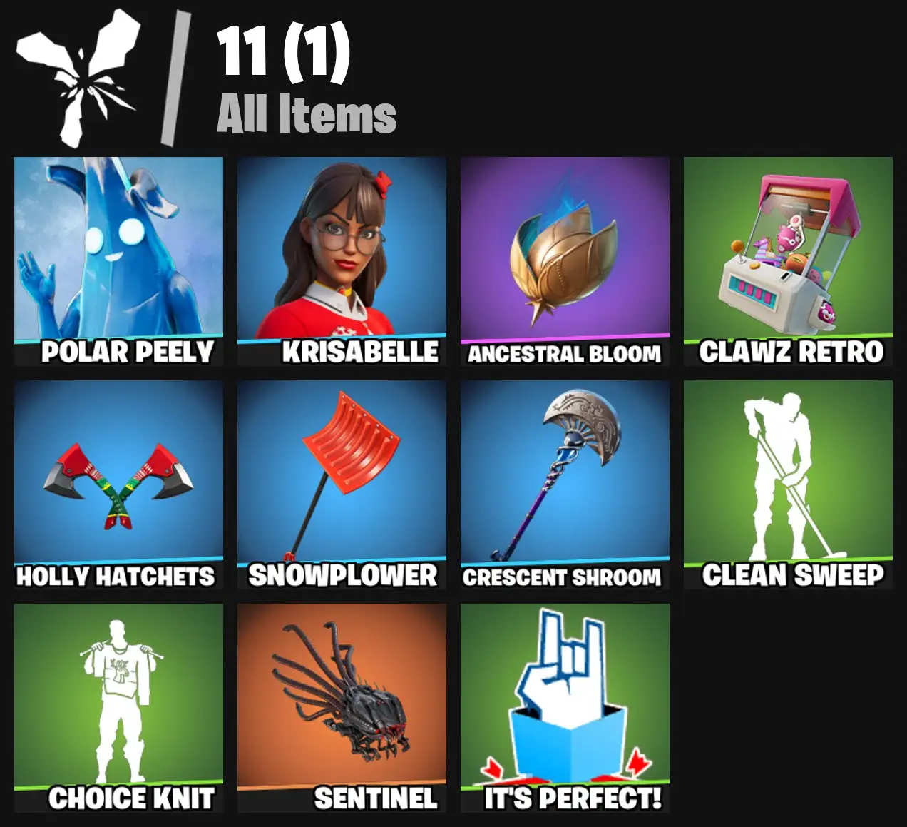 [PC/PSN/XBOX] 2 skins | Polar Peely | Krisabelle | Ancestral Bloom | Clawz Retro | Holly Hatchets | Snowplower | Crescent Shroom | Clean Sweep | 100 VB