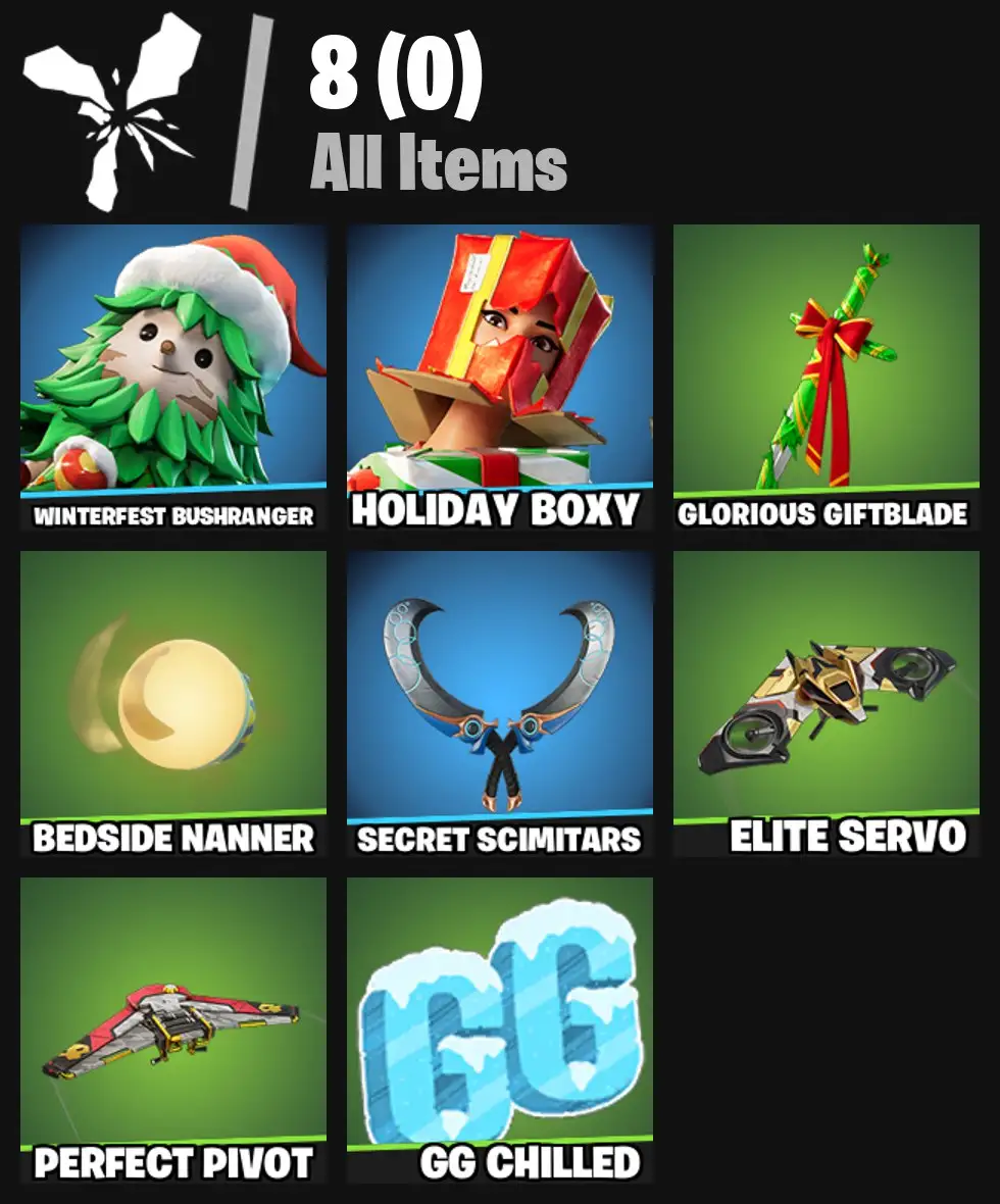 [PC/PSN/XBOX] 2 skins | Winterfest Bushranger | Holiday Boxy | Glorious Giftblade | Bedside Nanner | Secret Scimitars | Elite Servo | Perfect Pivot | 0 VB