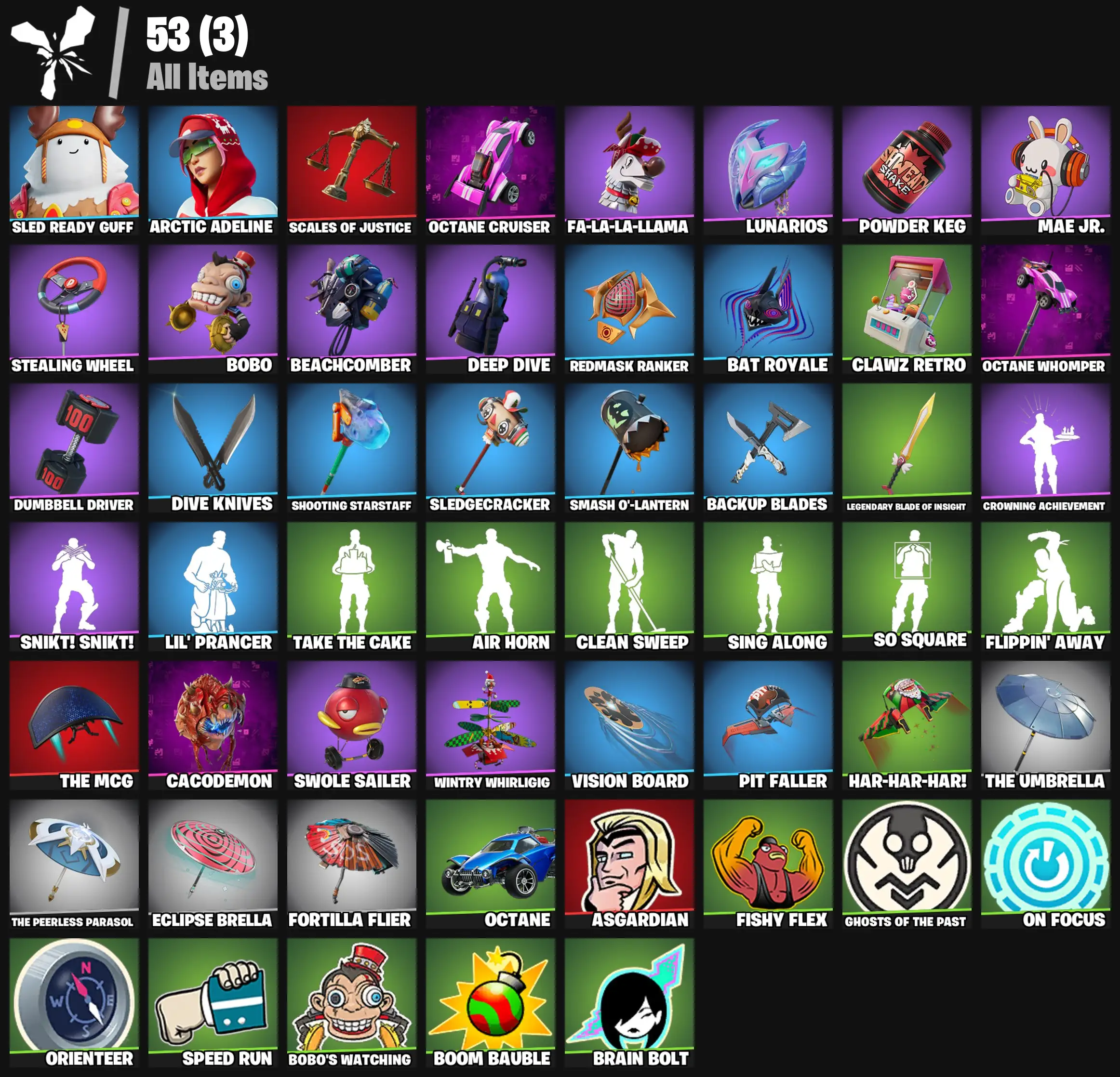 [PC/PSN/XBOX] 2 skins | Sled Ready Guff | Arctic Adeline | Scales of Justice | Octane Cruiser | Fa-la-la-Llama | Lunarios | Powder Keg | Mae Jr. | 300 VB