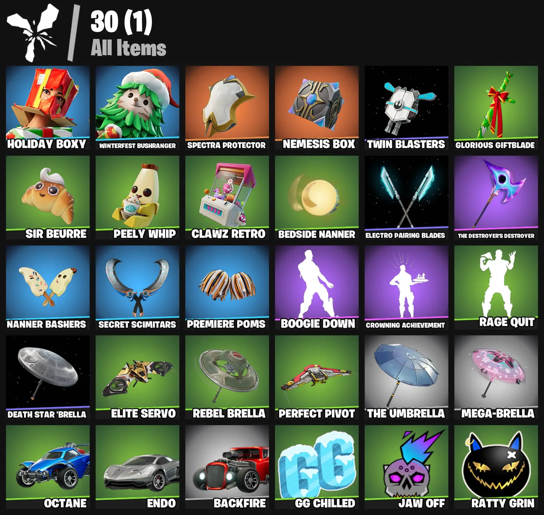 [PC/PSN/XBOX] 2 skins | Holiday Boxy | Winterfest Bushranger | Spectra Protector | Nemesis Box | Twin Blasters | Glorious Giftblade | Sir Beurre | 100 VB