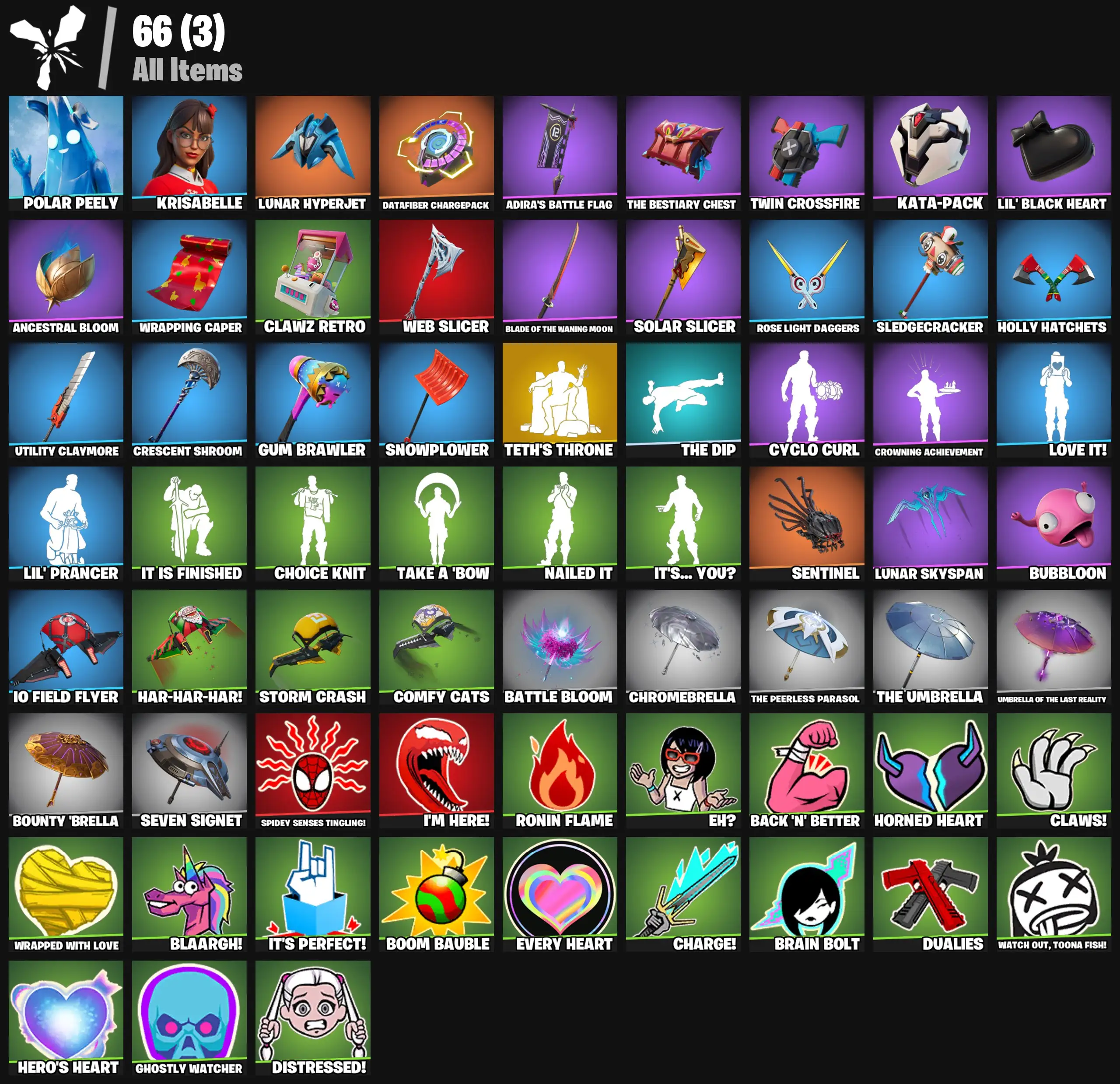 [PC/PSN/XBOX] 2 skins | Teth's Throne | Polar Peely | Krisabelle | Lunar Hyperjet | Datafiber Chargepack | Adira's Battle Flag | The Bestiary Chest | 200 VB