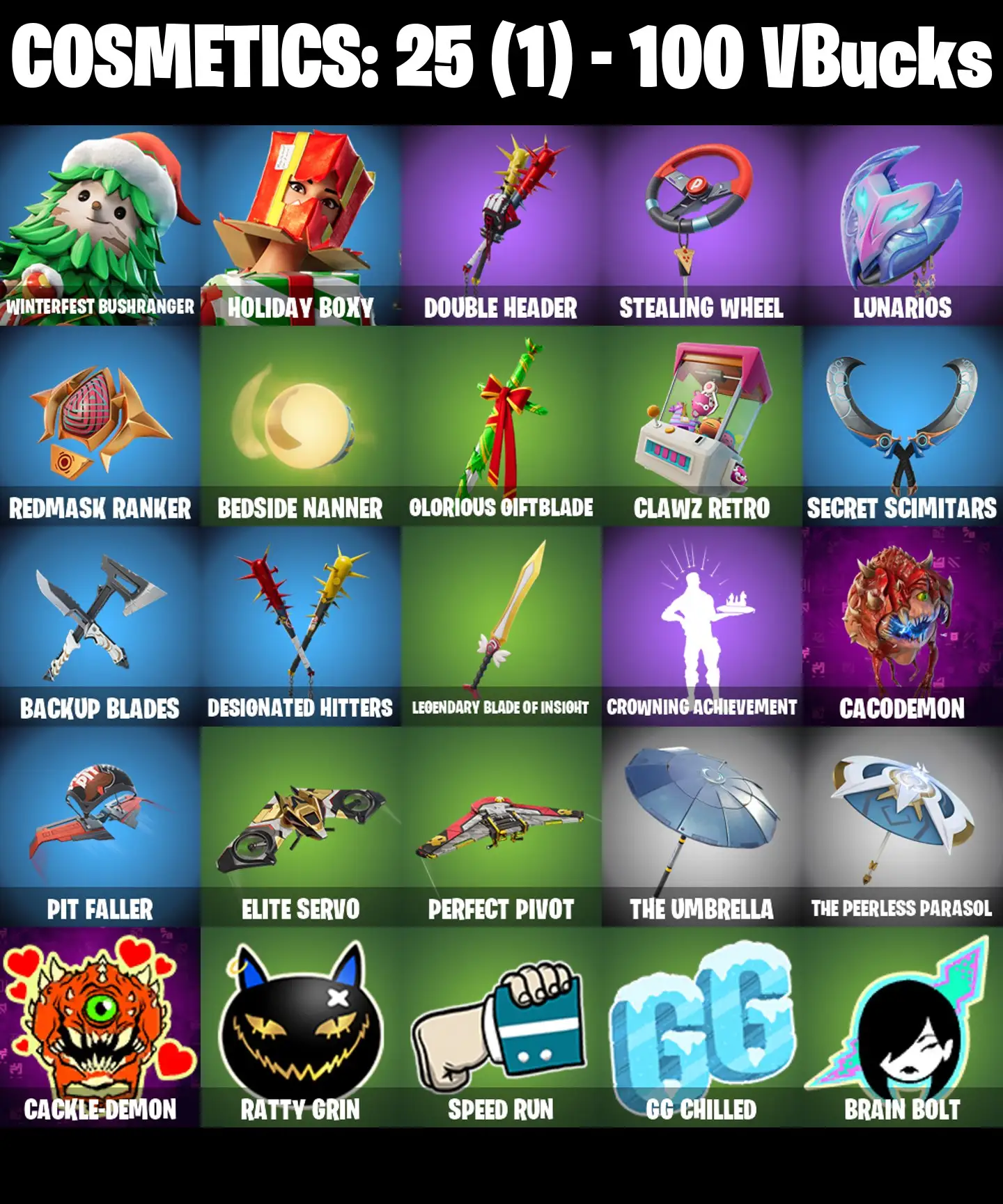 [PC/PSN/XBOX] 2 skins | Winterfest Bushranger | Holiday Boxy | Double Header | Stealing Wheel | Lunarios | Redmask Ranker | Bedside Nanner | 100 VB