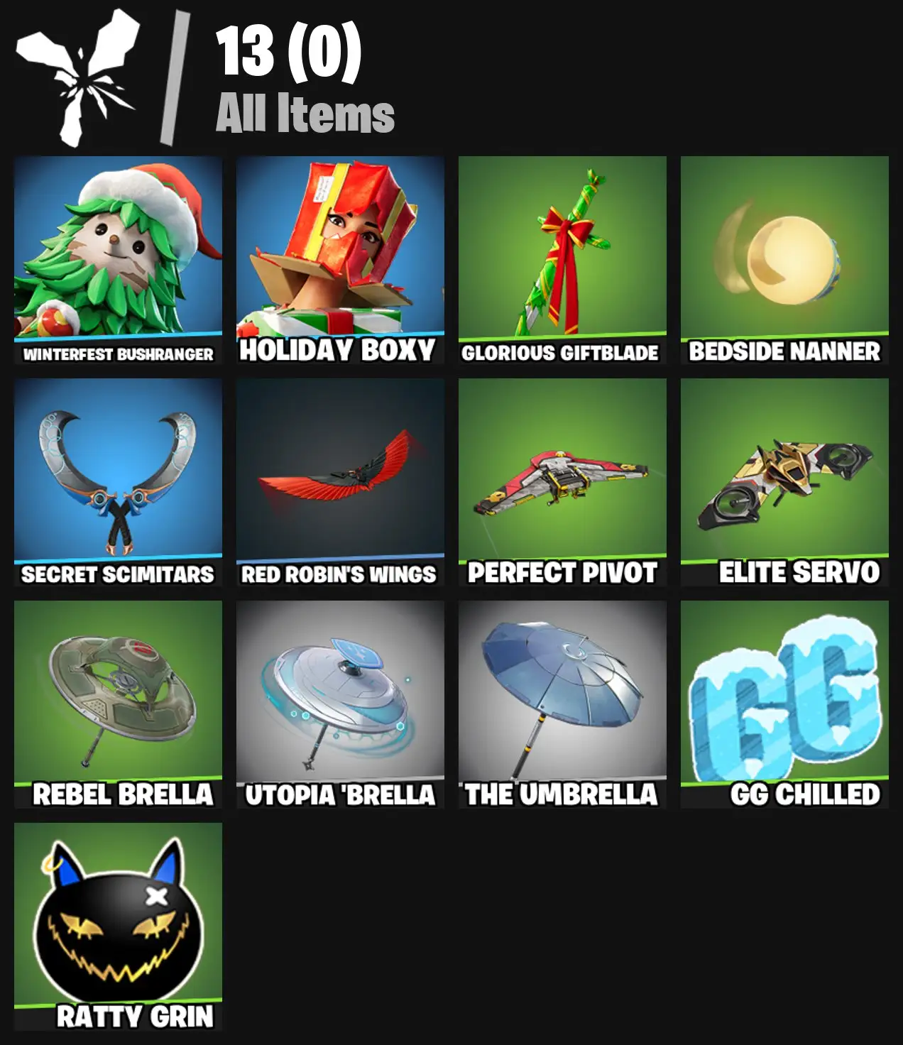 [PC/PSN/XBOX] 2 skins | Winterfest Bushranger | Holiday Boxy | Glorious Giftblade | Bedside Nanner | Secret Scimitars | Red Robin's Wings | 0 VB