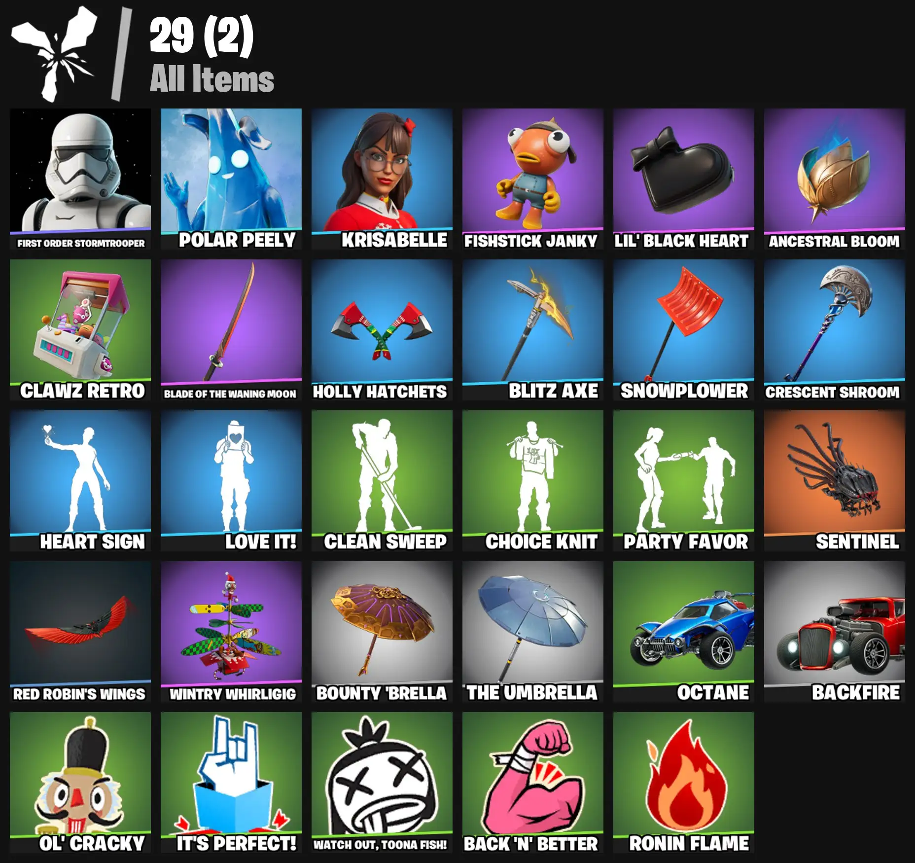 [PC/PSN/XBOX] 3 skins | First Order Stormtrooper | Polar Peely | Krisabelle | Fishstick Janky | Lil' Black Heart | Ancestral Bloom | Clawz Retro | 100 VB