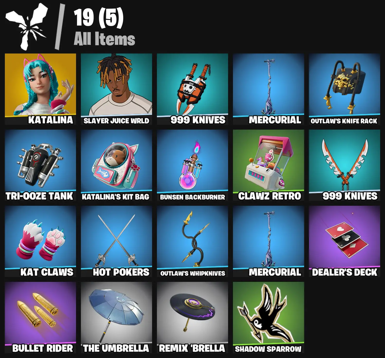 [PC/PSN/XBOX] 2 skins | Katalina | Slayer Juice WRLD | 999 Knives | Mercurial | Outlaw's Knife Rack | Tri-Ooze Tank | Katalina's Kit Bag | 100 VB