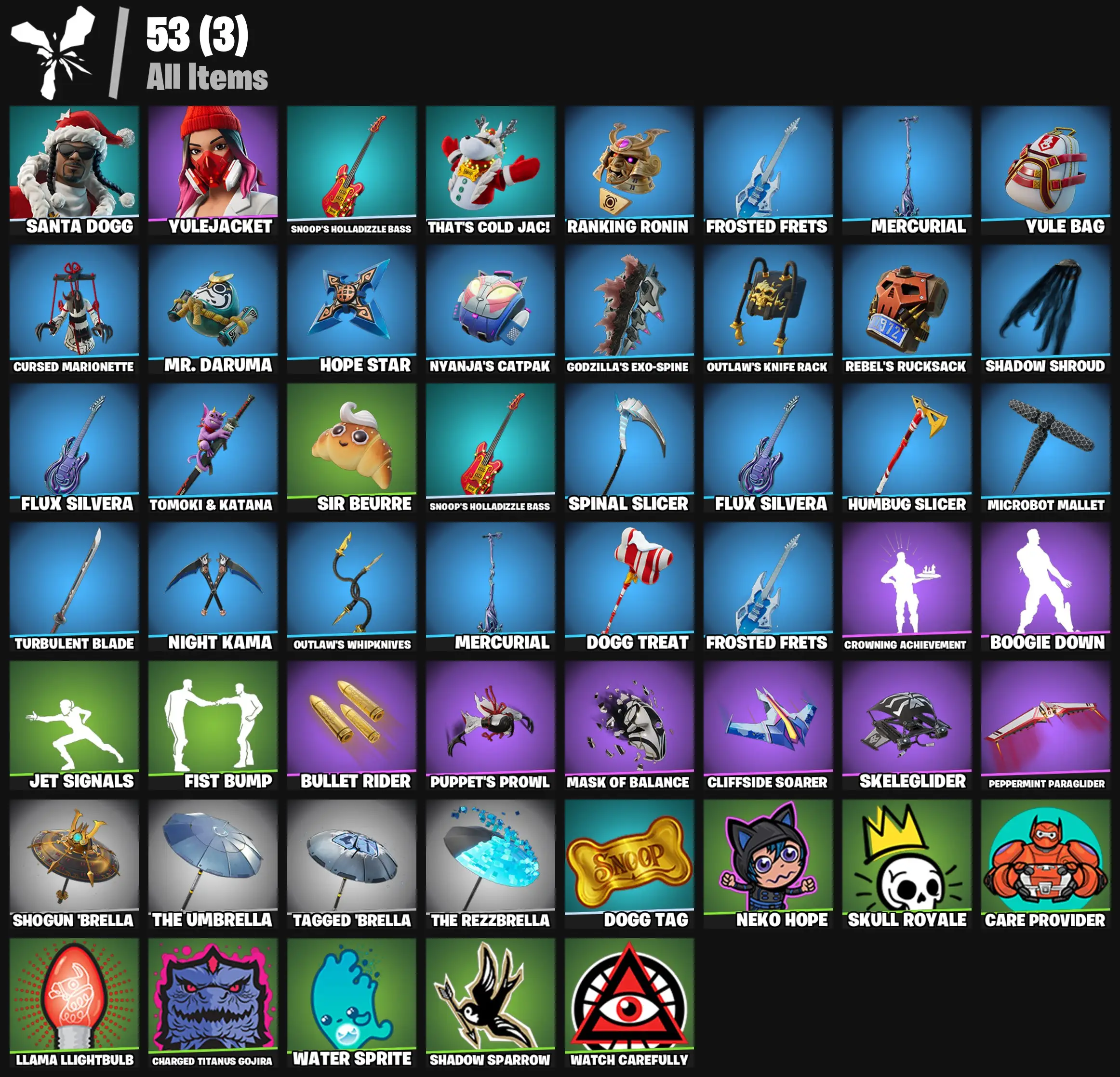 [PC/PSN/XBOX] 2 skins | Santa Dogg | Yulejacket | Snoop's Holladizzle Bass | That's Cold Jac! | Ranking Ronin | Frosted Frets | Mercurial | Yule Bag | 300 VB