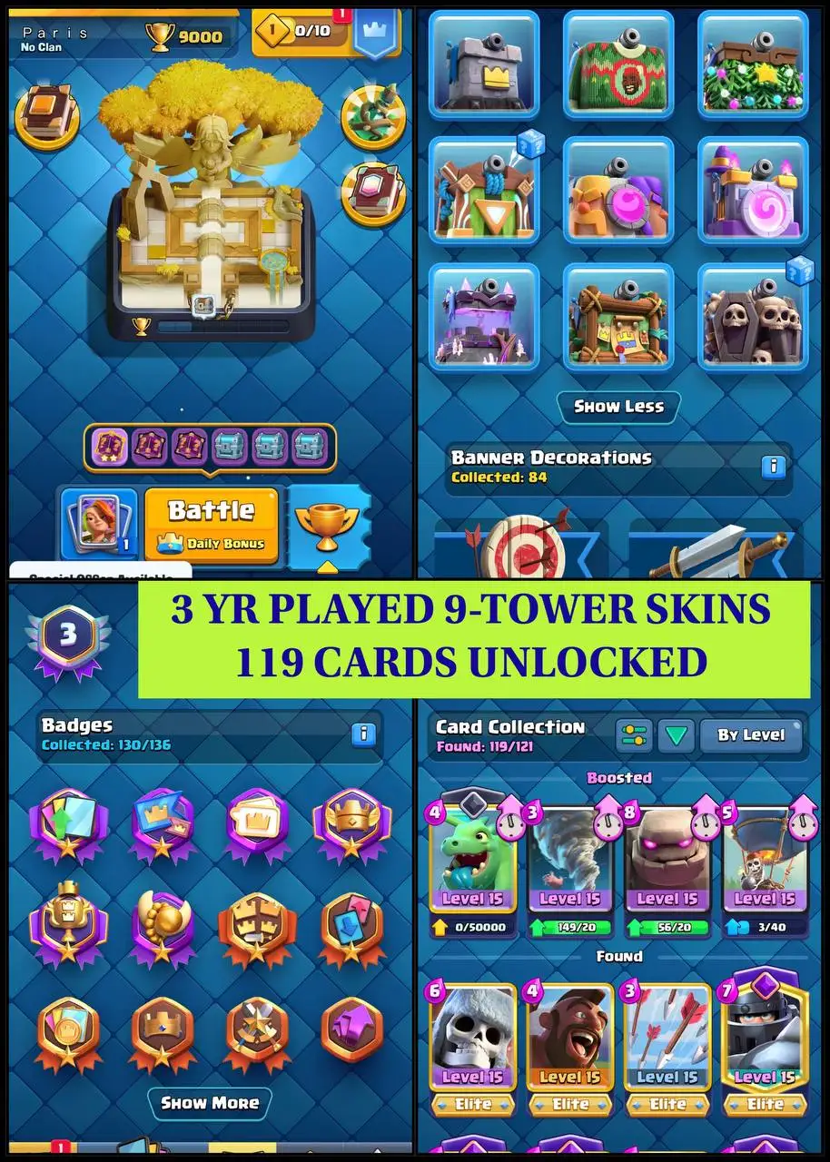 👑LVL-55👑33 MAX CARD - 9 ELITES💥 11-EVO CARDS🍁9000-TROPHIES🏆KT-15💫ARENA-23🔥119 CARDS ❄️9 -KT SKINS💥92 EMOTES🫧CHEAP👀INSTANT DELIVERY🚀