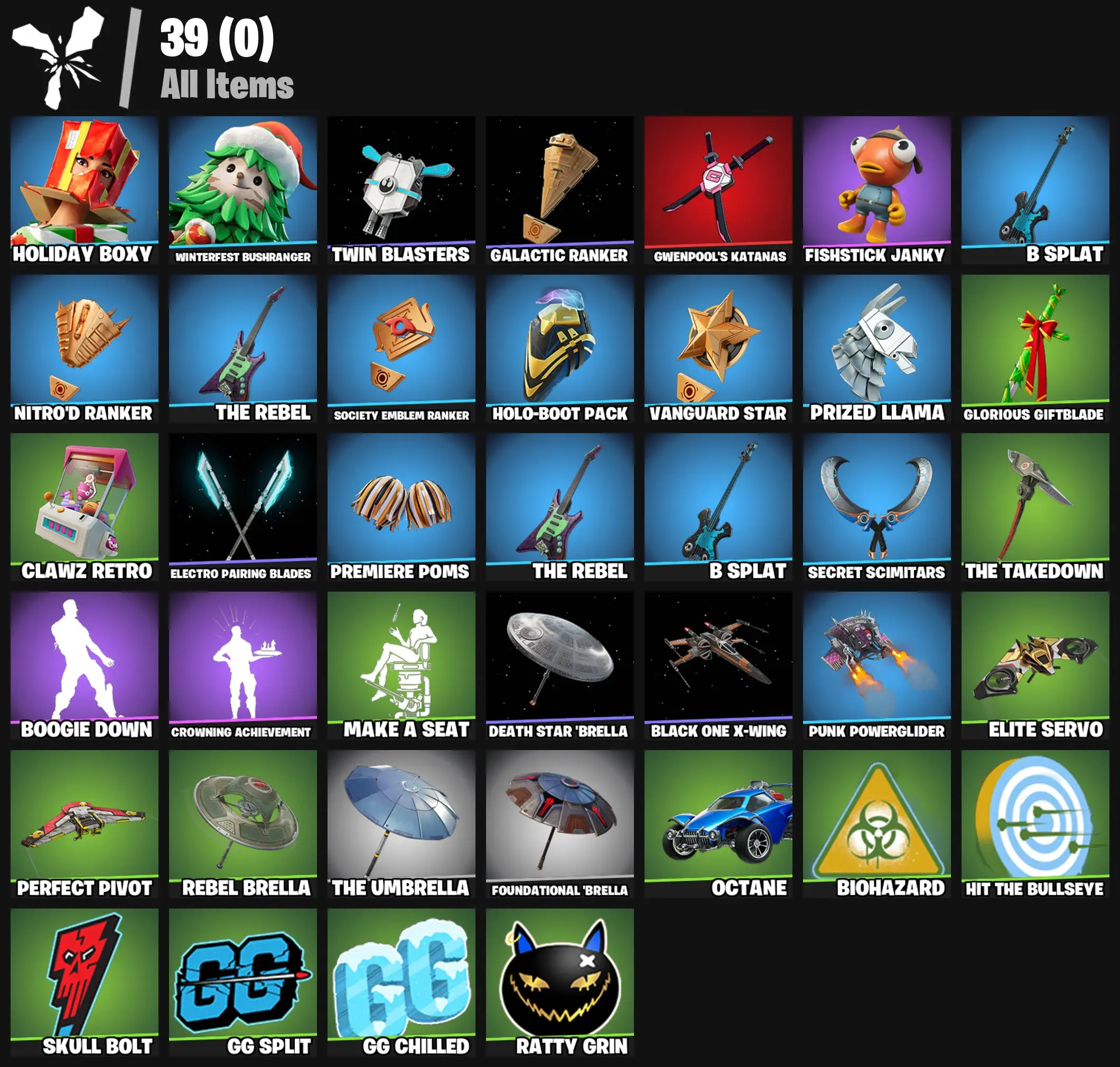 [PC/PSN/XBOX] 2 skins | Holiday Boxy | Winterfest Bushranger | Twin Blasters | Galactic Ranker | Gwenpool's Katanas | Fishstick Janky | B Splat | 300 VB