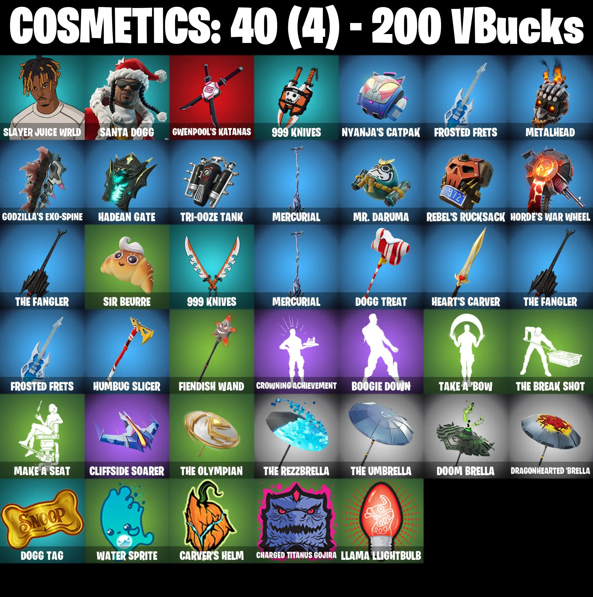 [PC/PSN/XBOX] 2 skins | Slayer Juice WRLD | Santa Dogg | Gwenpool's Katanas | 999 Knives | Nyanja's Catpak | Frosted Frets | Metalhead | 200 VB