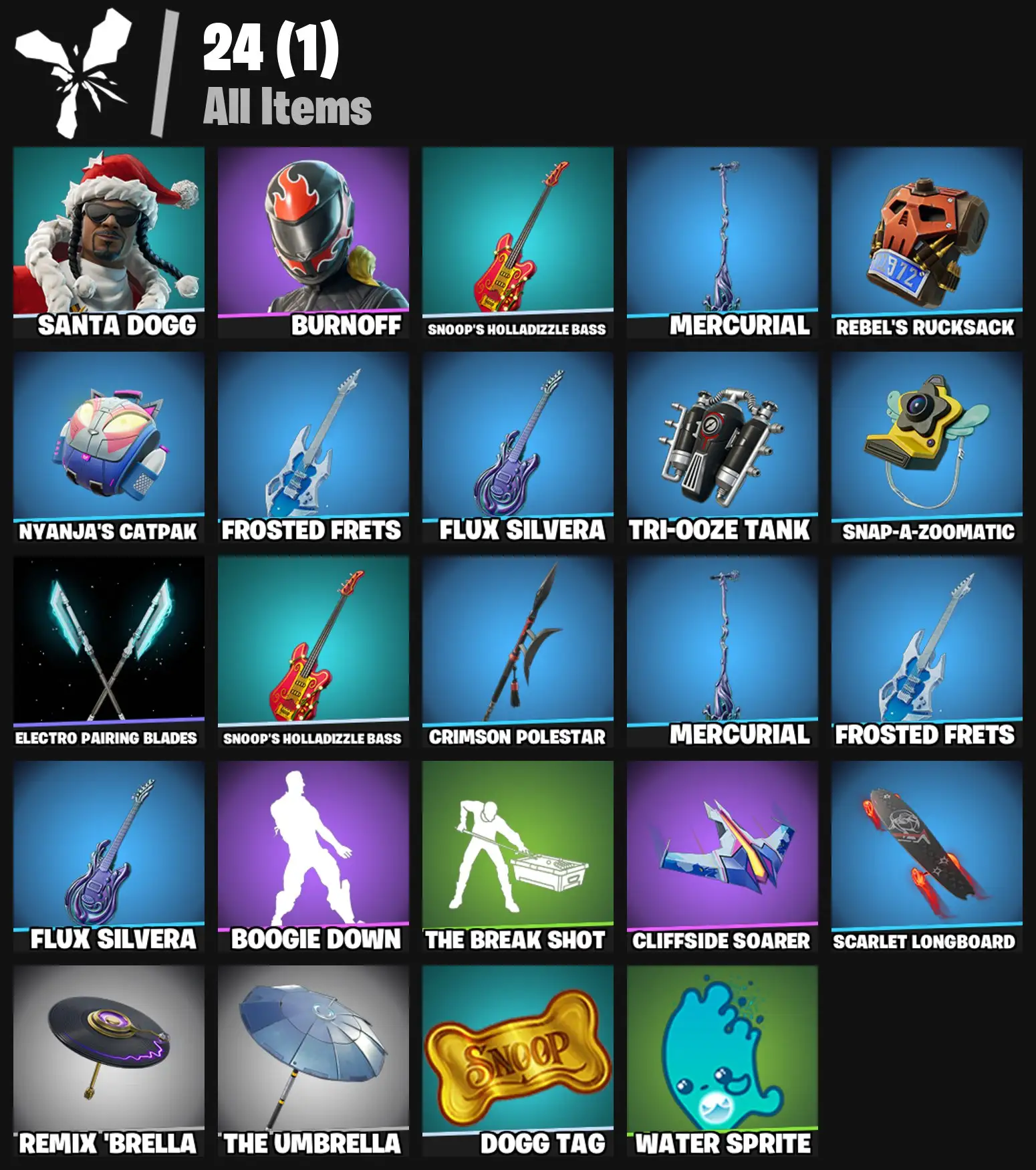 [PC/PSN/XBOX] 2 skins | Santa Dogg | Burnoff | Snoop's Holladizzle Bass | Mercurial | Rebel's Rucksack | Nyanja's Catpak | Frosted Frets | 100 VB