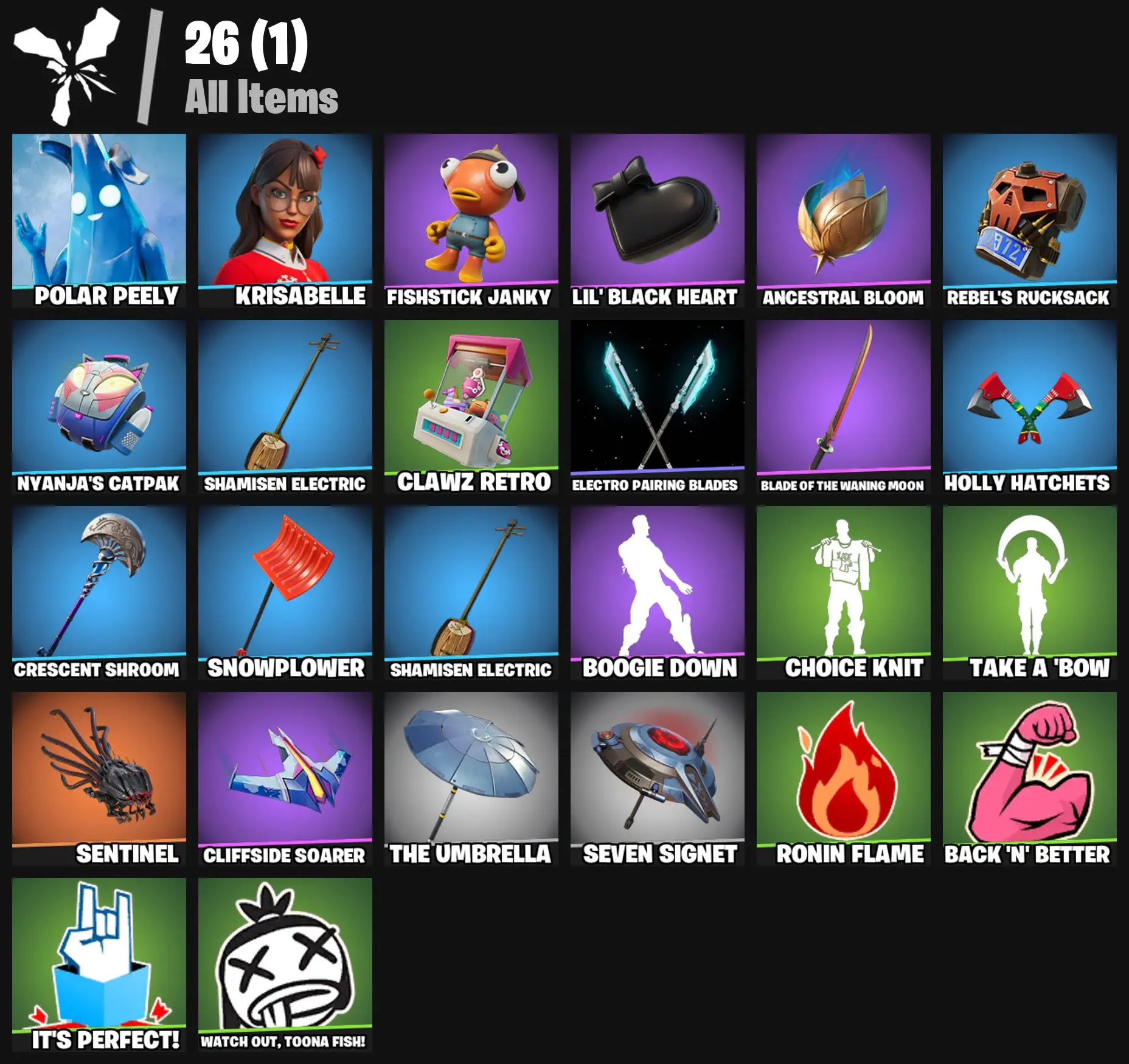 [PC/PSN/XBOX] 2 skins | Polar Peely | Krisabelle | Fishstick Janky | Lil' Black Heart | Ancestral Bloom | Rebel's Rucksack | Nyanja's Catpak | 200 VB