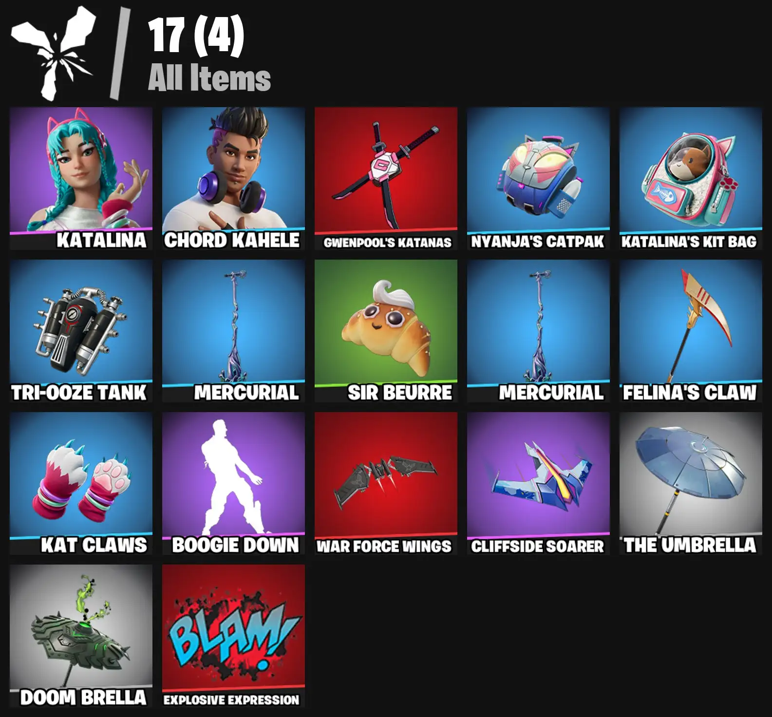 [PC/PSN/XBOX] 2 skins | Katalina | Chord Kahele | Gwenpool's Katanas | Nyanja's Catpak | Katalina's Kit Bag | Tri-Ooze Tank | Mercurial | Sir Beurre | 100 VB