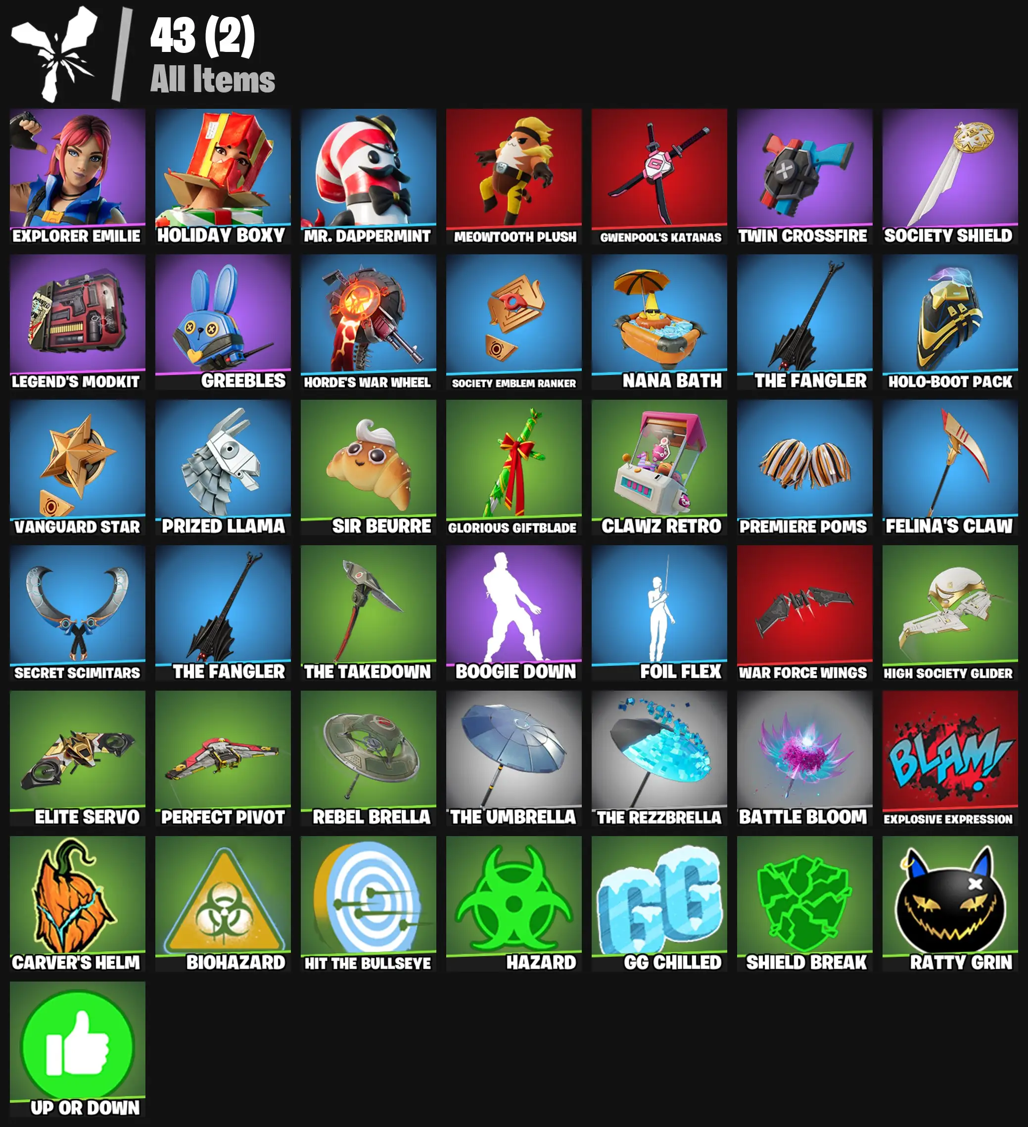 [PC/PSN/XBOX] 3 skins | Explorer Emilie | Holiday Boxy | Mr. Dappermint | Meowtooth Plush | Gwenpool's Katanas | Twin Crossfire | Society Shield | 200 VB
