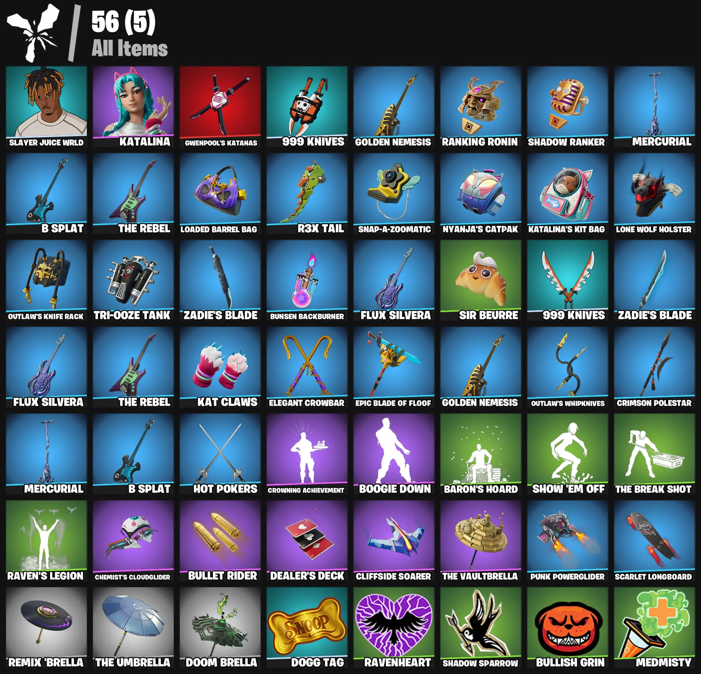 [PC/PSN/XBOX] 2 skins | Slayer Juice WRLD | Katalina | Gwenpool's Katanas | 999 Knives | Golden Nemesis | Ranking Ronin | SHADOW Ranker | Mercurial | 200 VB