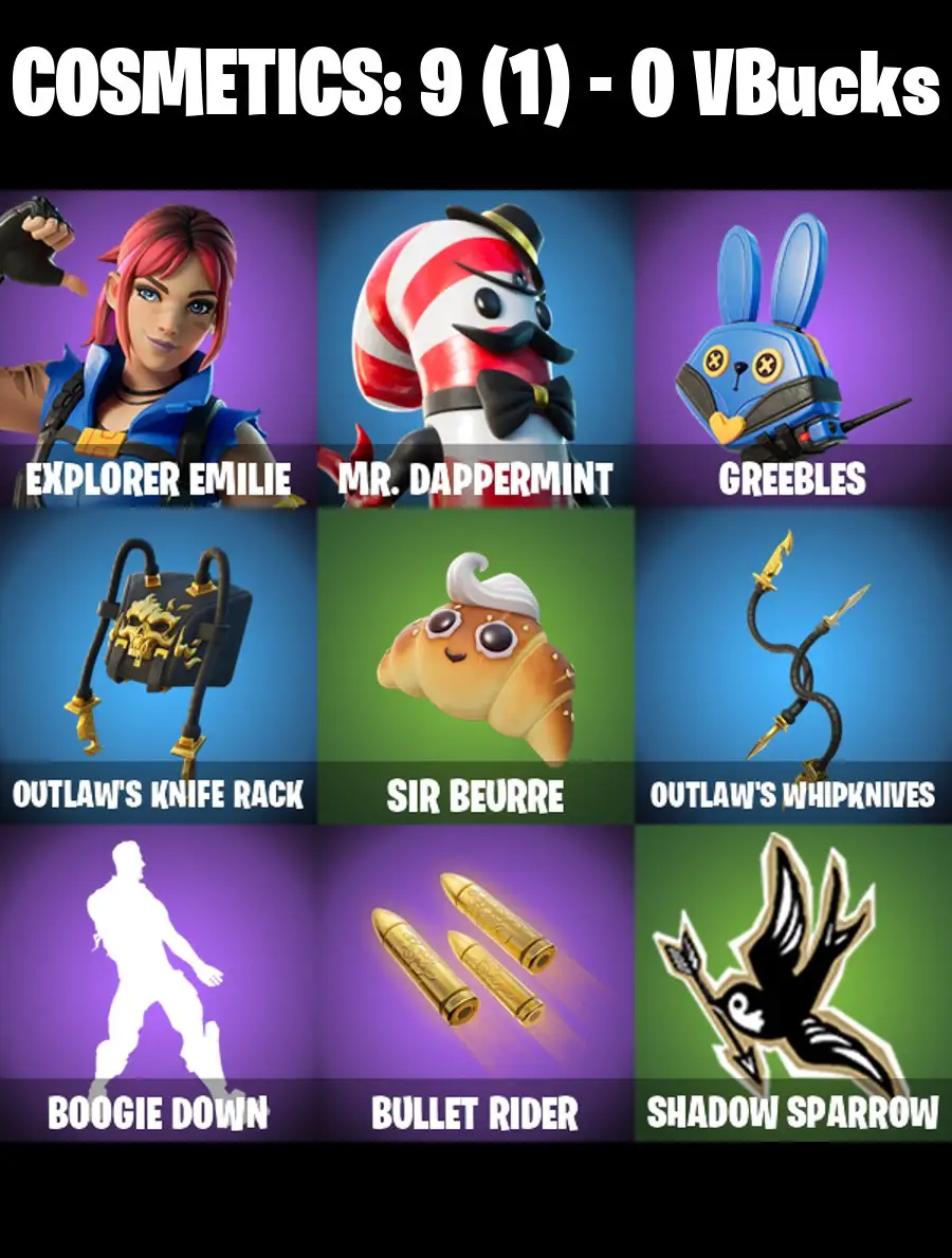 [PC/PSN/XBOX] 2 skins | Explorer Emilie | Mr. Dappermint | Greebles | Outlaw's Knife Rack | Sir Beurre | Outlaw's Whipknives | Boogie Down | 0 VB