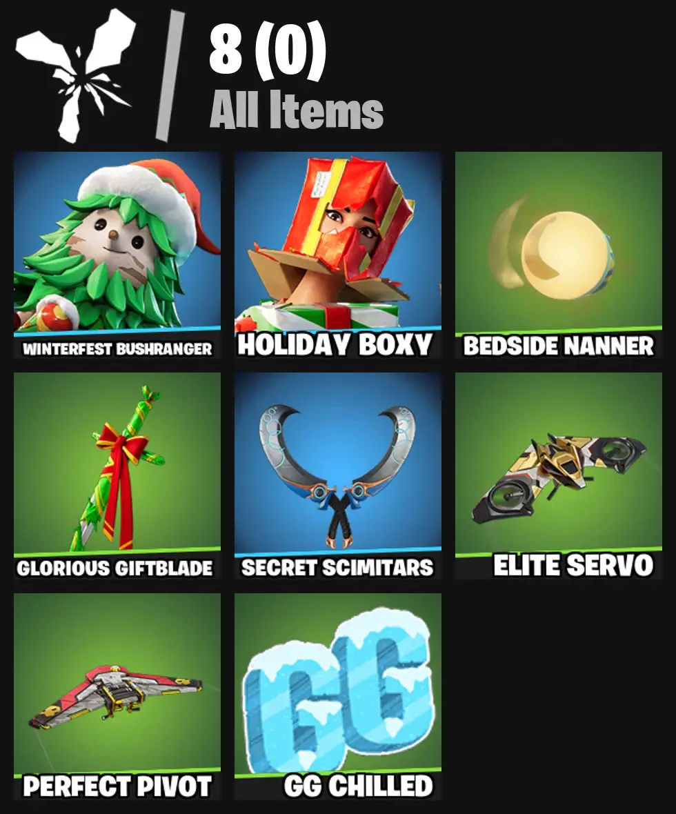 [PC/PSN/XBOX] 2 skins | Winterfest Bushranger | Holiday Boxy | Bedside Nanner | Glorious Giftblade | Secret Scimitars | Elite Servo | Perfect Pivot | 0 VB