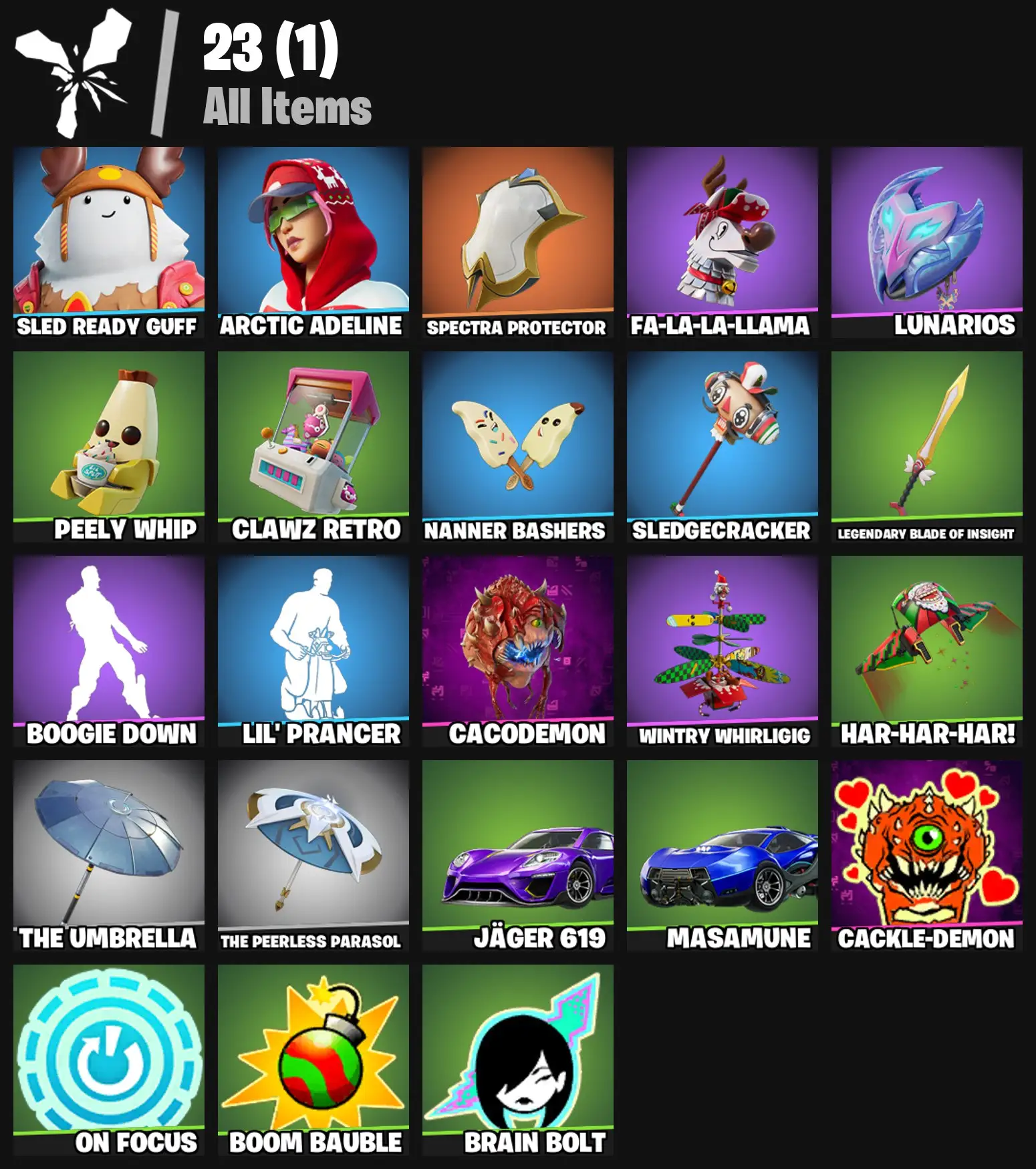 [PC/PSN/XBOX] 2 skins | Sled Ready Guff | Arctic Adeline | Spectra Protector | Fa-la-la-Llama | Lunarios | Peely Whip | Clawz Retro | Nanner Bashers | 100 VB