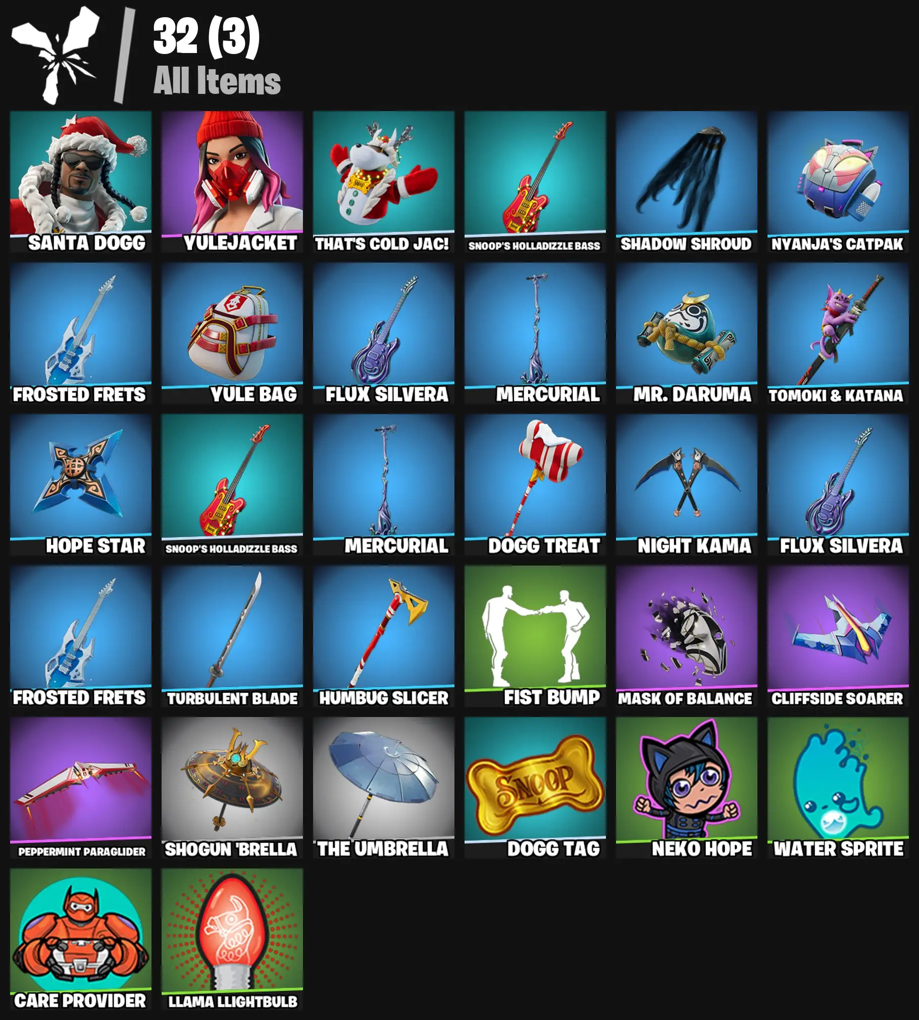 [PC/PSN/XBOX] 2 skins | Santa Dogg | Yulejacket | That's Cold Jac! | Snoop's Holladizzle Bass | Shadow Shroud | Nyanja's Catpak | Frosted Frets | 100 VB