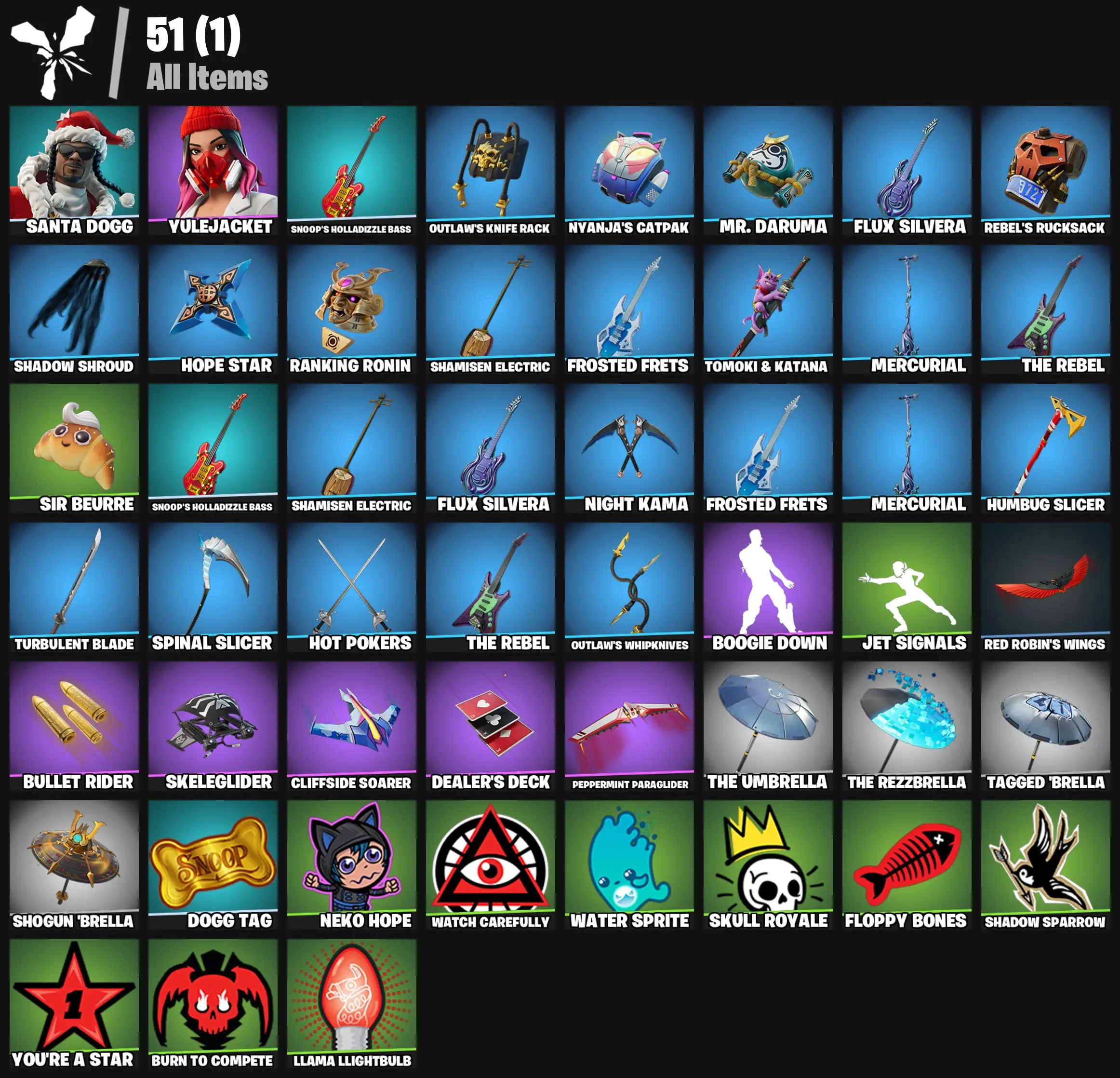 [PC/PSN/XBOX] 2 skins | Santa Dogg | Yulejacket | Snoop's Holladizzle Bass | Outlaw's Knife Rack | Nyanja's Catpak | Mr. Daruma | Flux Silvera | 200 VB