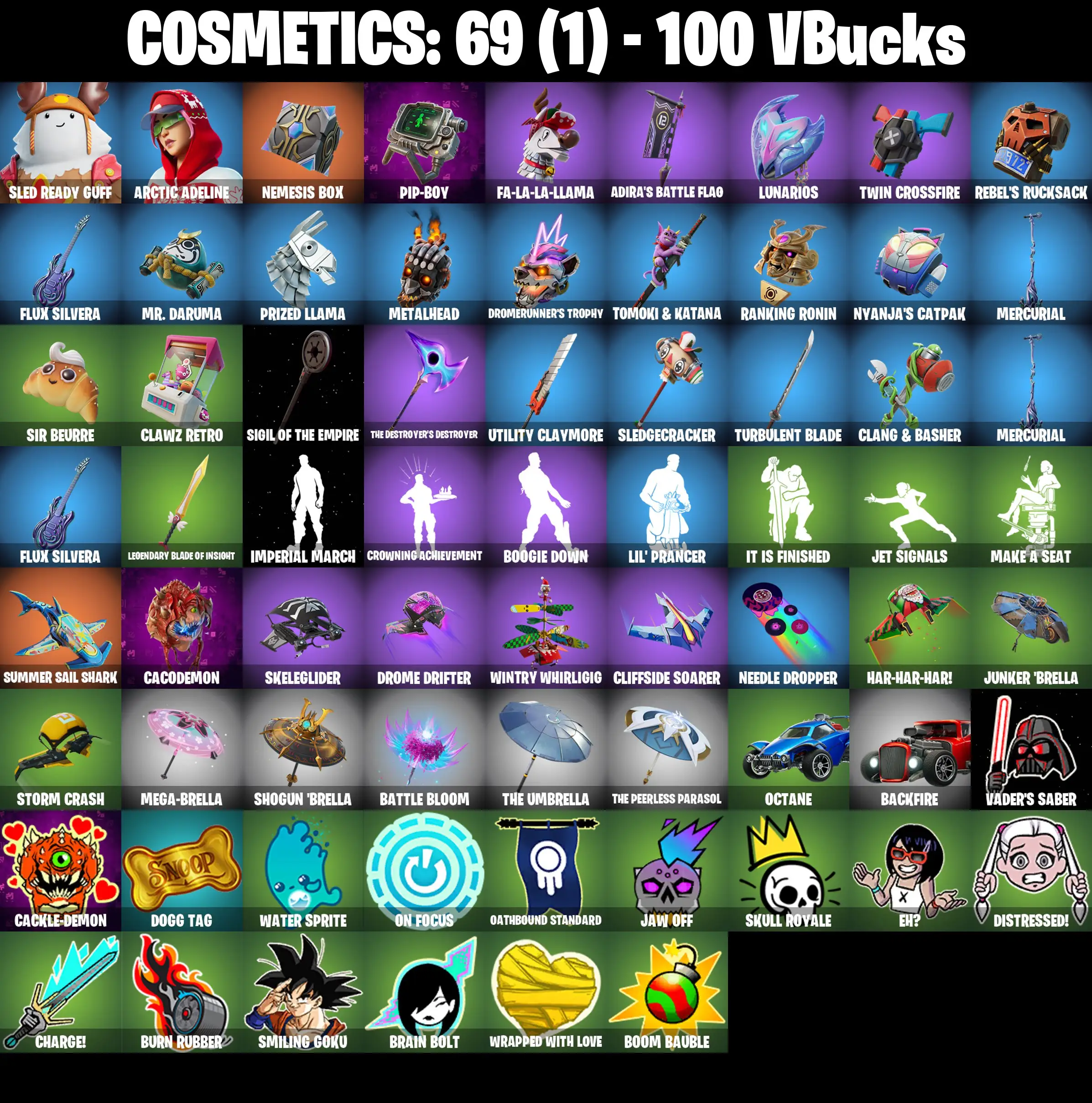 [PC/PSN/XBOX] 2 skins | Sled Ready Guff | Arctic Adeline | Nemesis Box | Pip-Boy | Fa-la-la-Llama | Adira's Battle Flag | Lunarios | Twin Crossfire | 100 VB