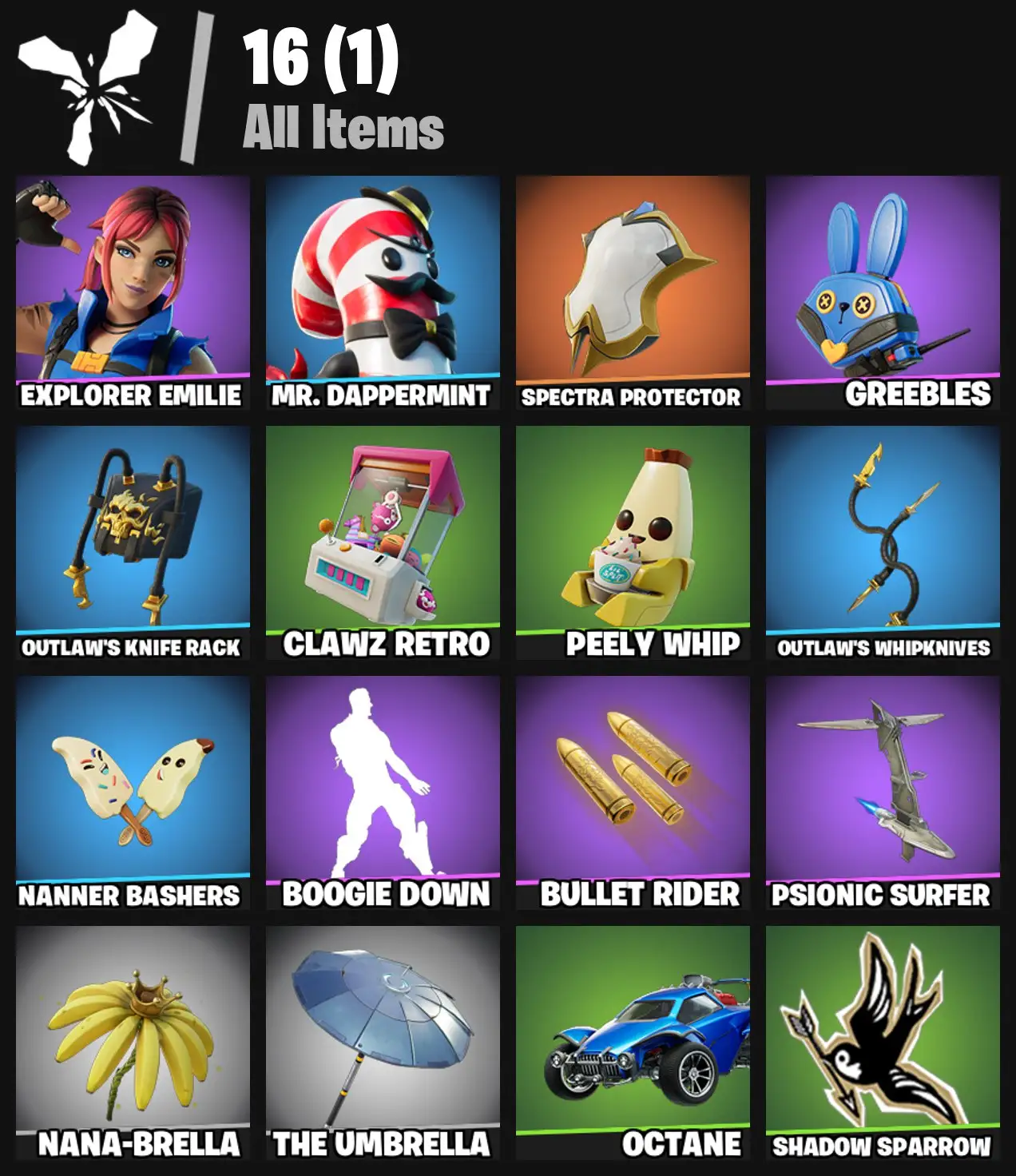 [PC/PSN/XBOX] 2 skins | Explorer Emilie | Mr. Dappermint | Spectra Protector | Greebles | Outlaw's Knife Rack | Clawz Retro | Peely Whip | 0 VB