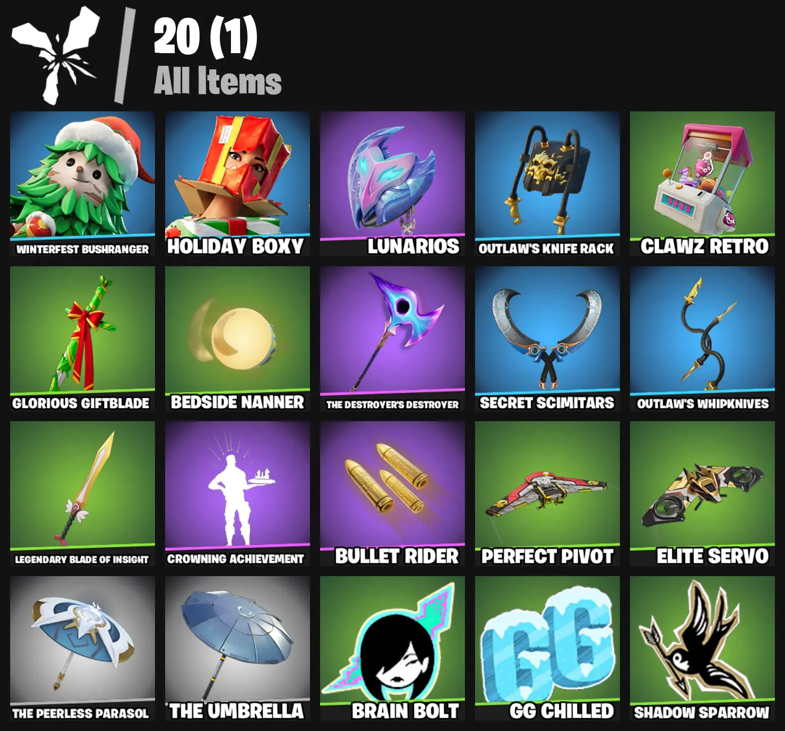 [PC/PSN/XBOX] 2 skins | Winterfest Bushranger | Holiday Boxy | Lunarios | Outlaw's Knife Rack | Clawz Retro | Glorious Giftblade | Bedside Nanner | 0 VB