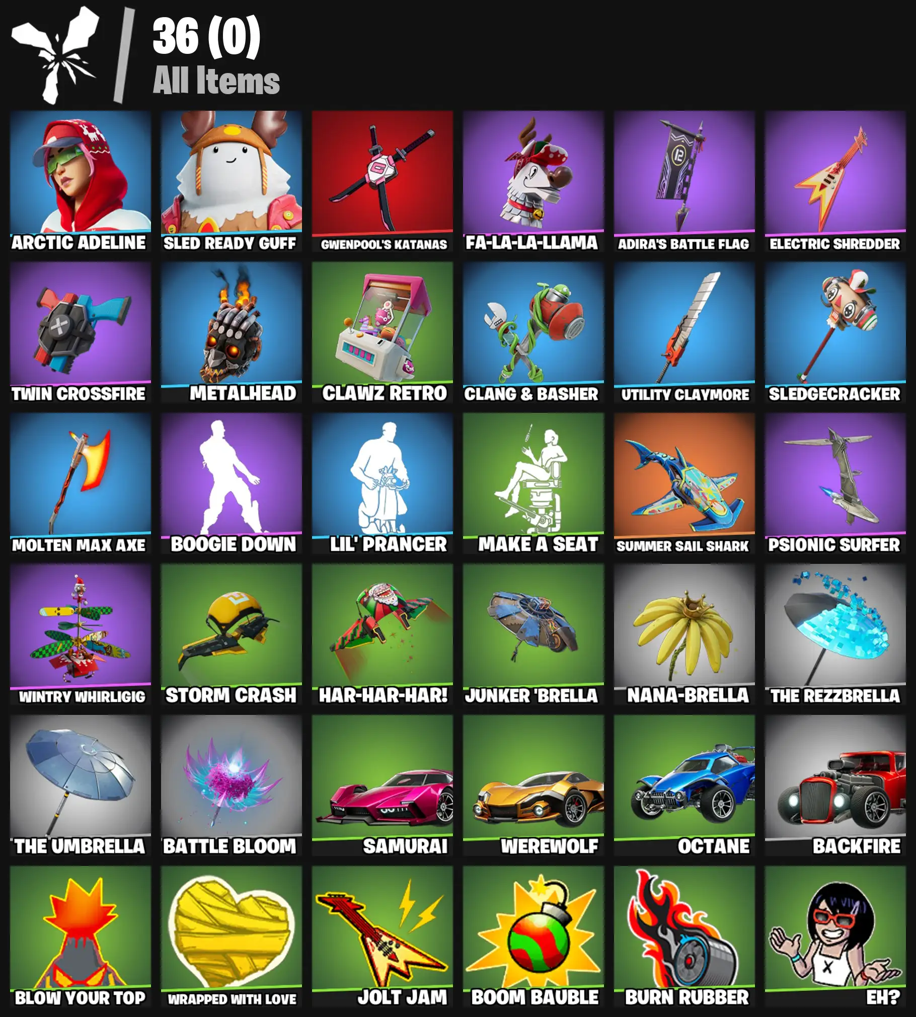 [PC/PSN/XBOX] 2 skins | Arctic Adeline | Sled Ready Guff | Gwenpool's Katanas | Fa-la-la-Llama | Adira's Battle Flag | Electric Shredder | 200 VB