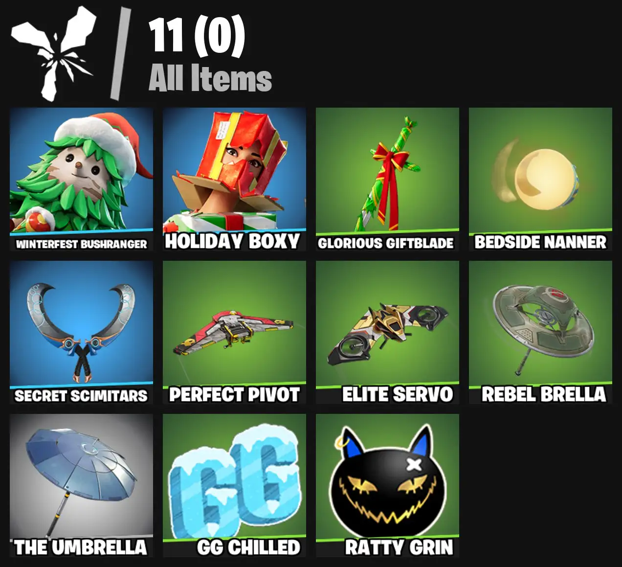 [PC/PSN/XBOX] 2 skins | Winterfest Bushranger | Holiday Boxy | Glorious Giftblade | Bedside Nanner | Secret Scimitars | Perfect Pivot | Elite Servo | 0 VB