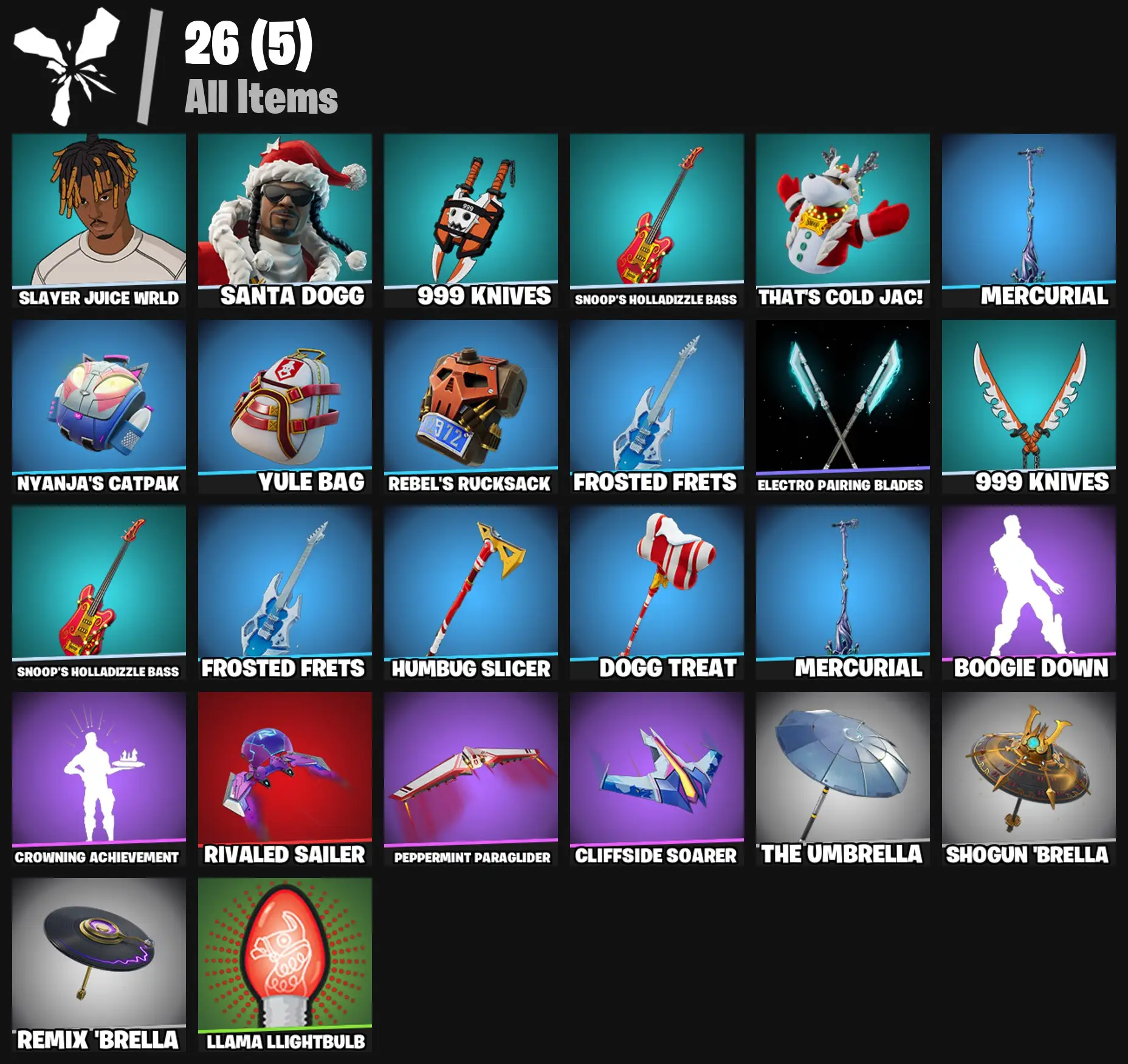 [PC/PSN/XBOX] 2 skins | Slayer Juice WRLD | Santa Dogg | 999 Knives | Snoop's Holladizzle Bass | That's Cold Jac! | Mercurial | Nyanja's Catpak | 0 VB