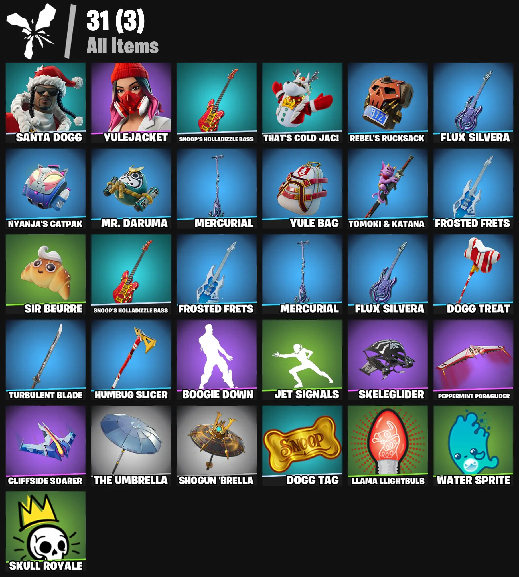 [PC/PSN/XBOX] 2 skins | Santa Dogg | Yulejacket | Snoop's Holladizzle Bass | That's Cold Jac! | Rebel's Rucksack | Flux Silvera | Nyanja's Catpak | 100 VB