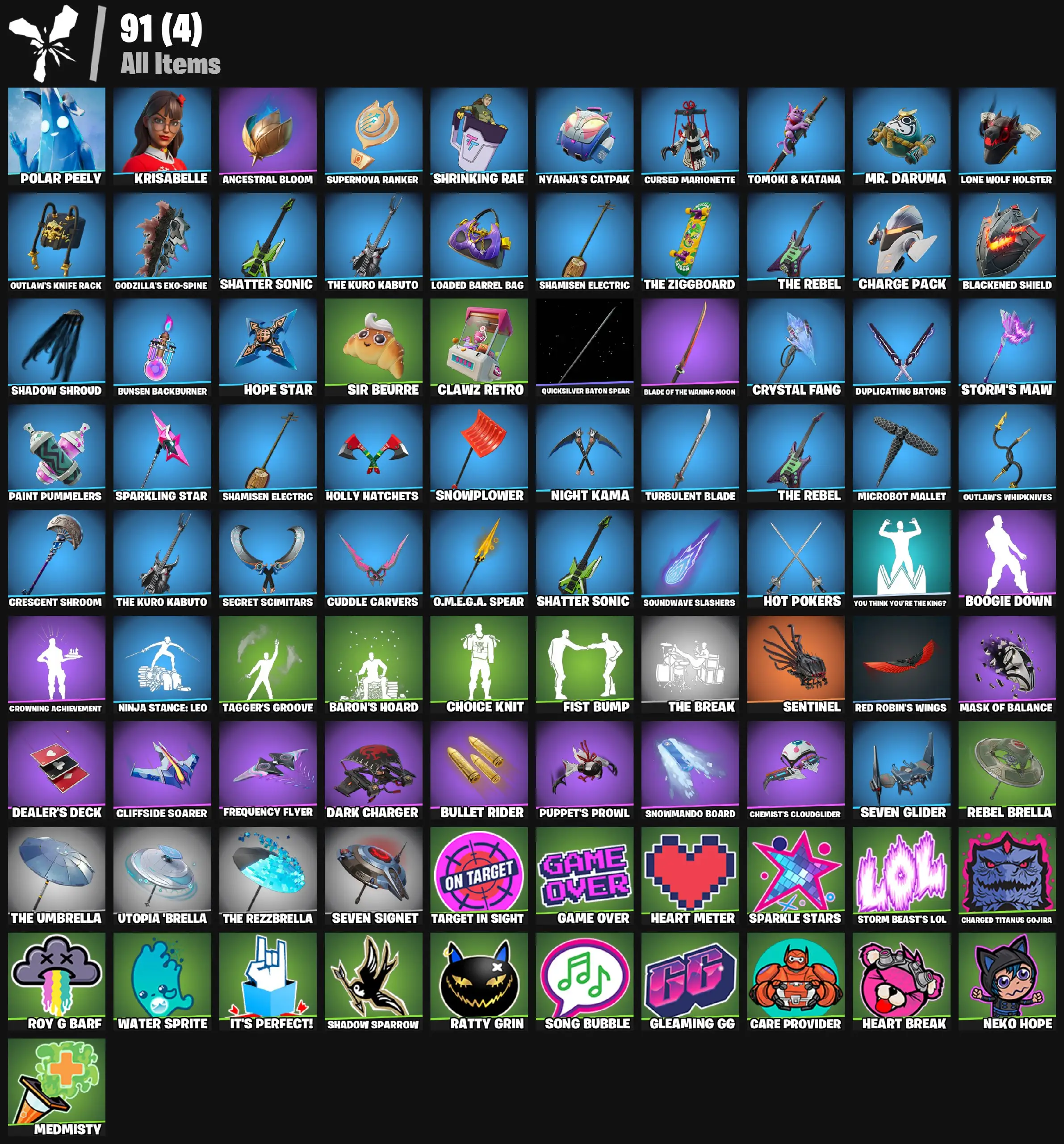 [PC/PSN/XBOX] 2 skins | Polar Peely | Krisabelle | Ancestral Bloom | Supernova Ranker | Shrinking Rae | Nyanja's Catpak | Cursed Marionette | 200 VB