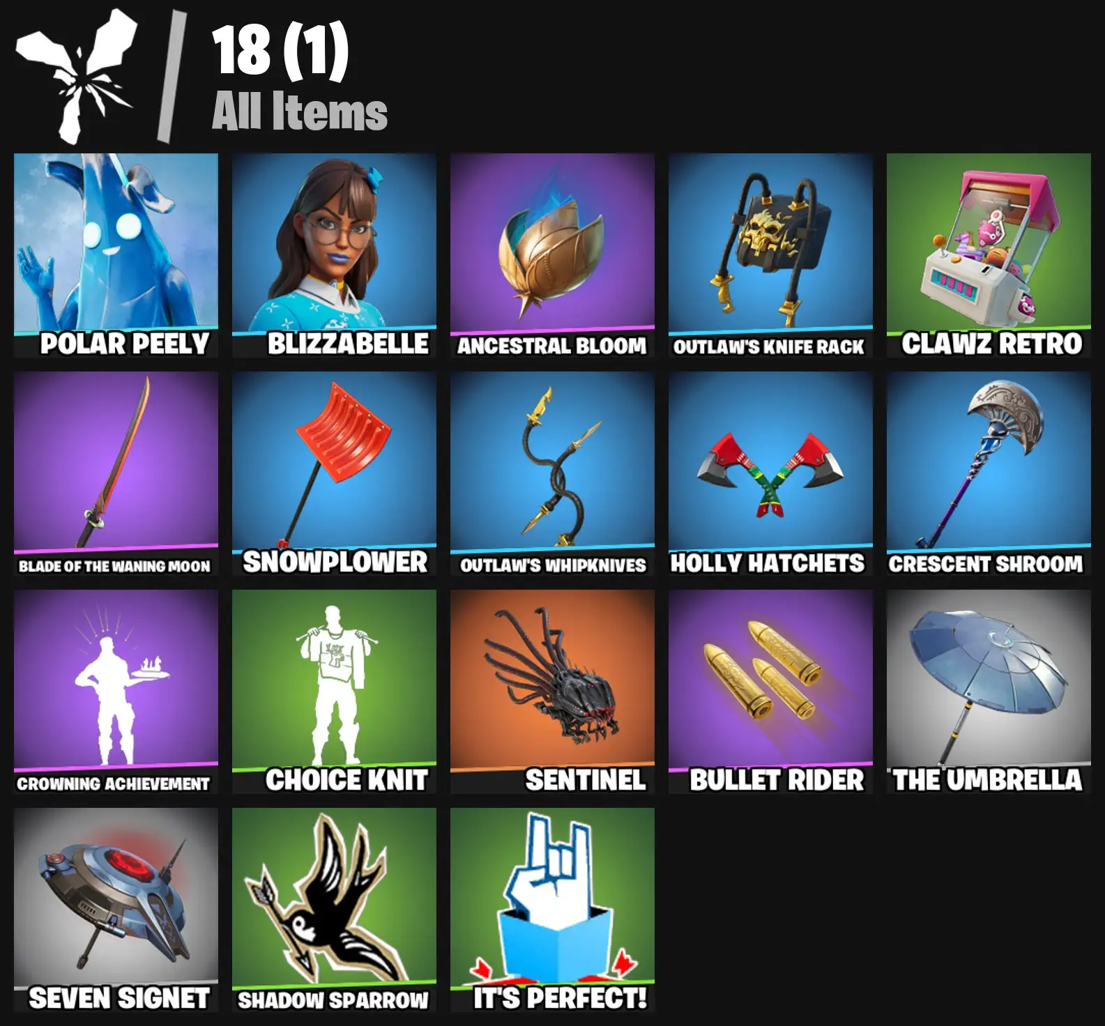 [PC/PSN/XBOX] 2 skins | Polar Peely | Blizzabelle | Ancestral Bloom | Outlaw's Knife Rack | Clawz Retro | Blade of the Waning Moon | Snowplower | 100 VB