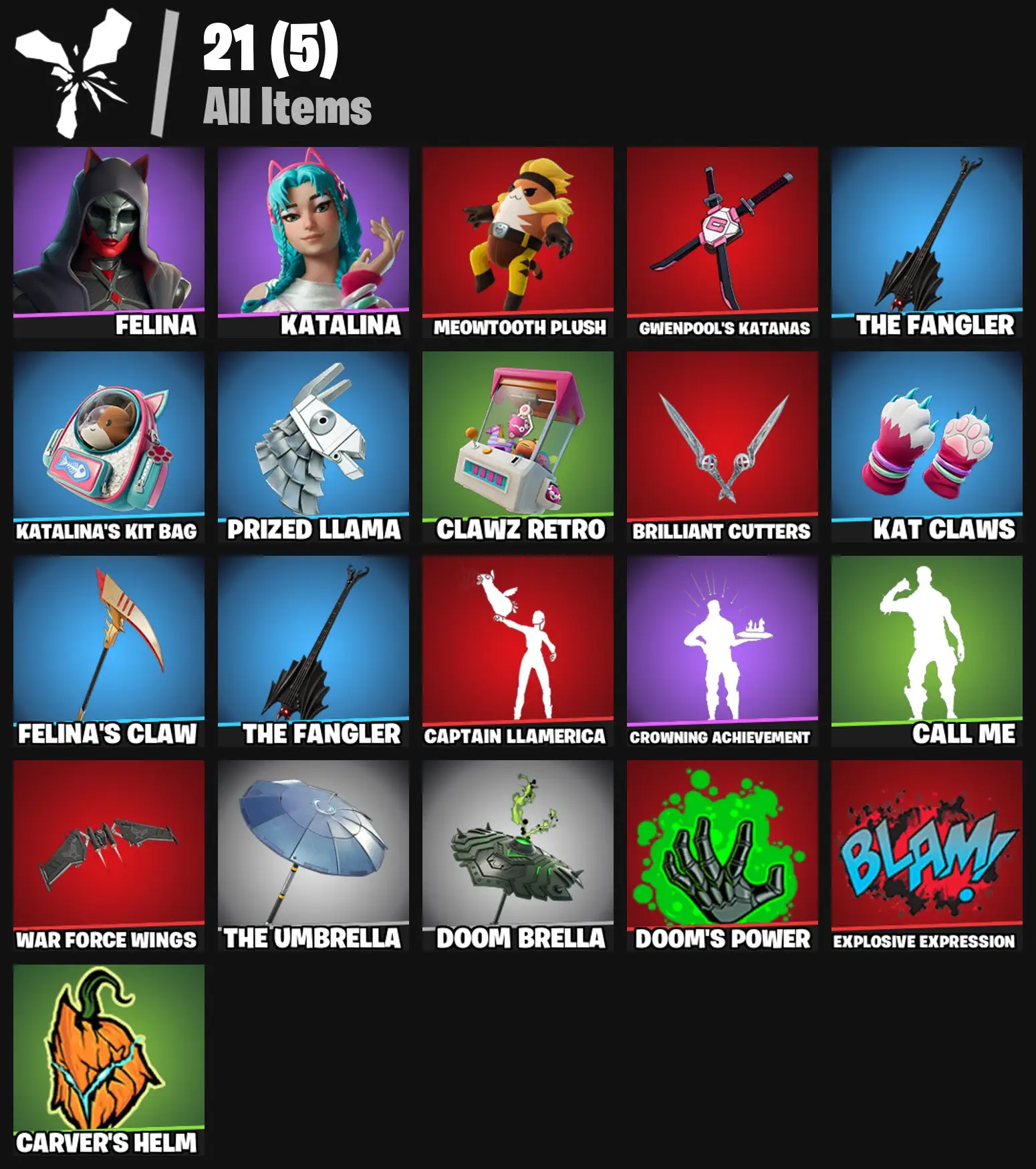 [PC/PSN/XBOX] 2 skins | Felina | Katalina | Meowtooth Plush | Gwenpool's Katanas | The Fangler | Katalina's Kit Bag | Prized Llama | Clawz Retro | 100 VB