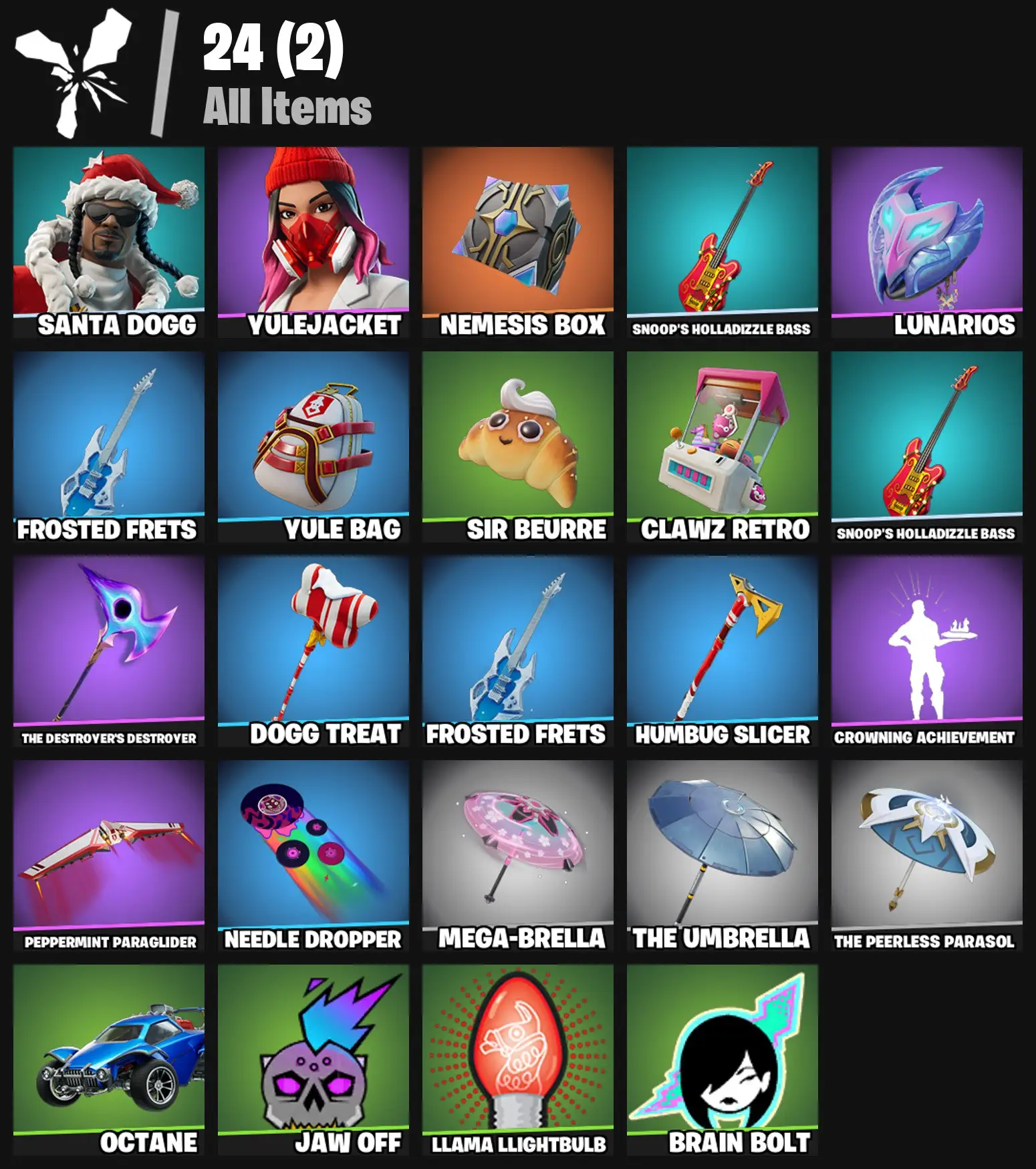 [PC/PSN/XBOX] 2 skins | Santa Dogg | Yulejacket | Nemesis Box | Snoop's Holladizzle Bass | Lunarios | Frosted Frets | Yule Bag | Sir Beurre | 100 VB