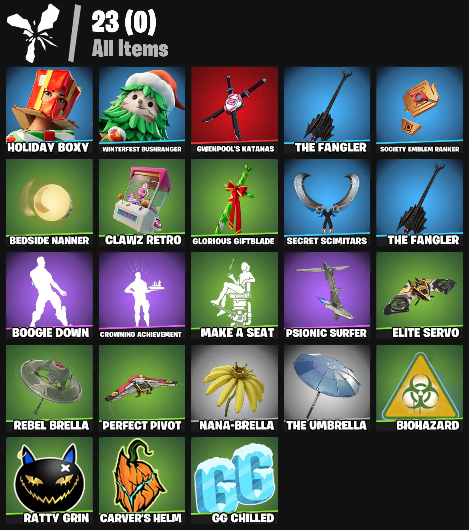 [PC/PSN/XBOX] 2 skins | Holiday Boxy | Winterfest Bushranger | Gwenpool's Katanas | The Fangler | Society Emblem Ranker | Bedside Nanner | 200 VB