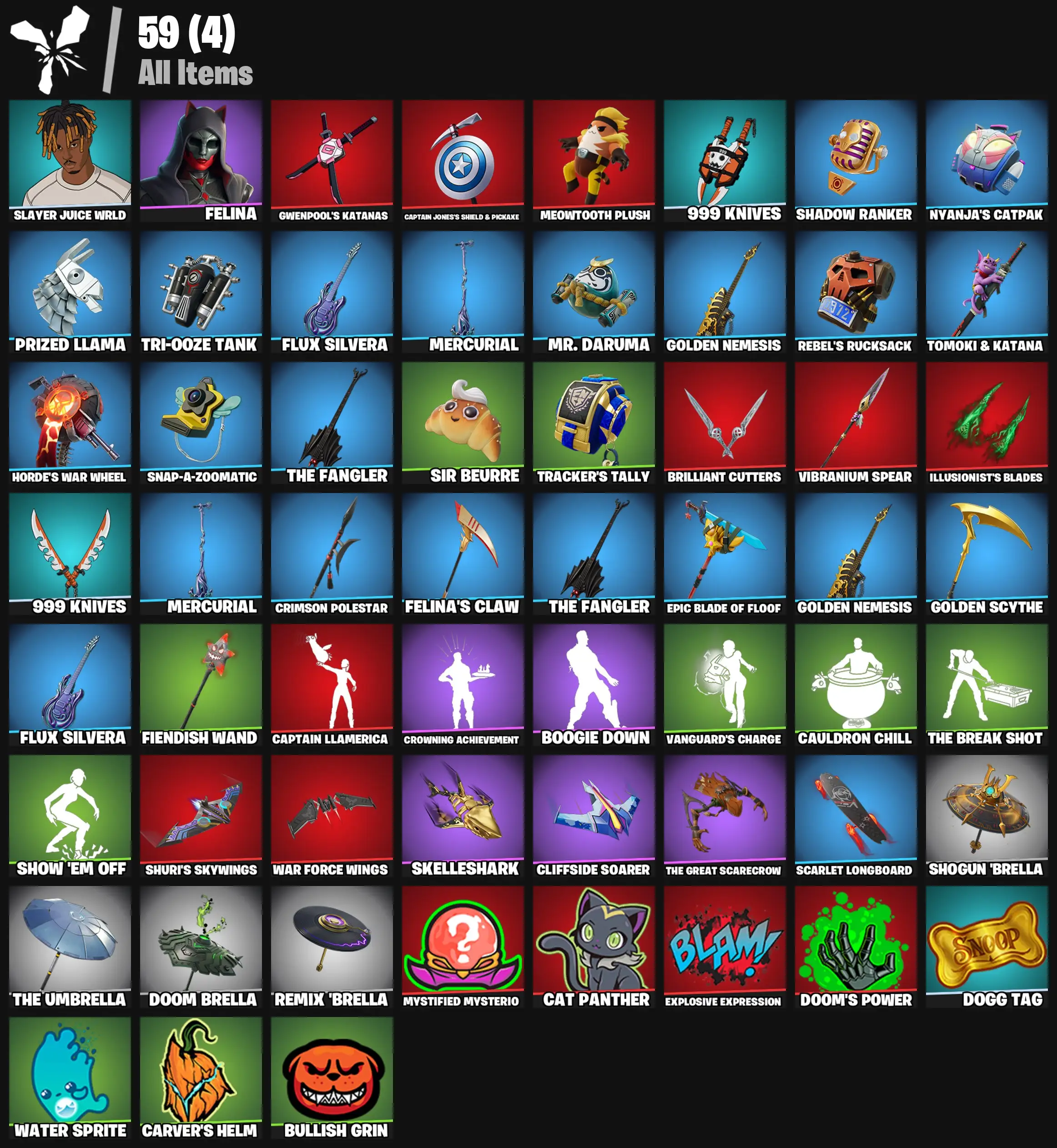 [PC/PSN/XBOX] 2 skins | Slayer Juice WRLD | Felina | Gwenpool's Katanas | Captain Jones's Shield & Pickaxe | Meowtooth Plush | 999 Knives | 100 VB