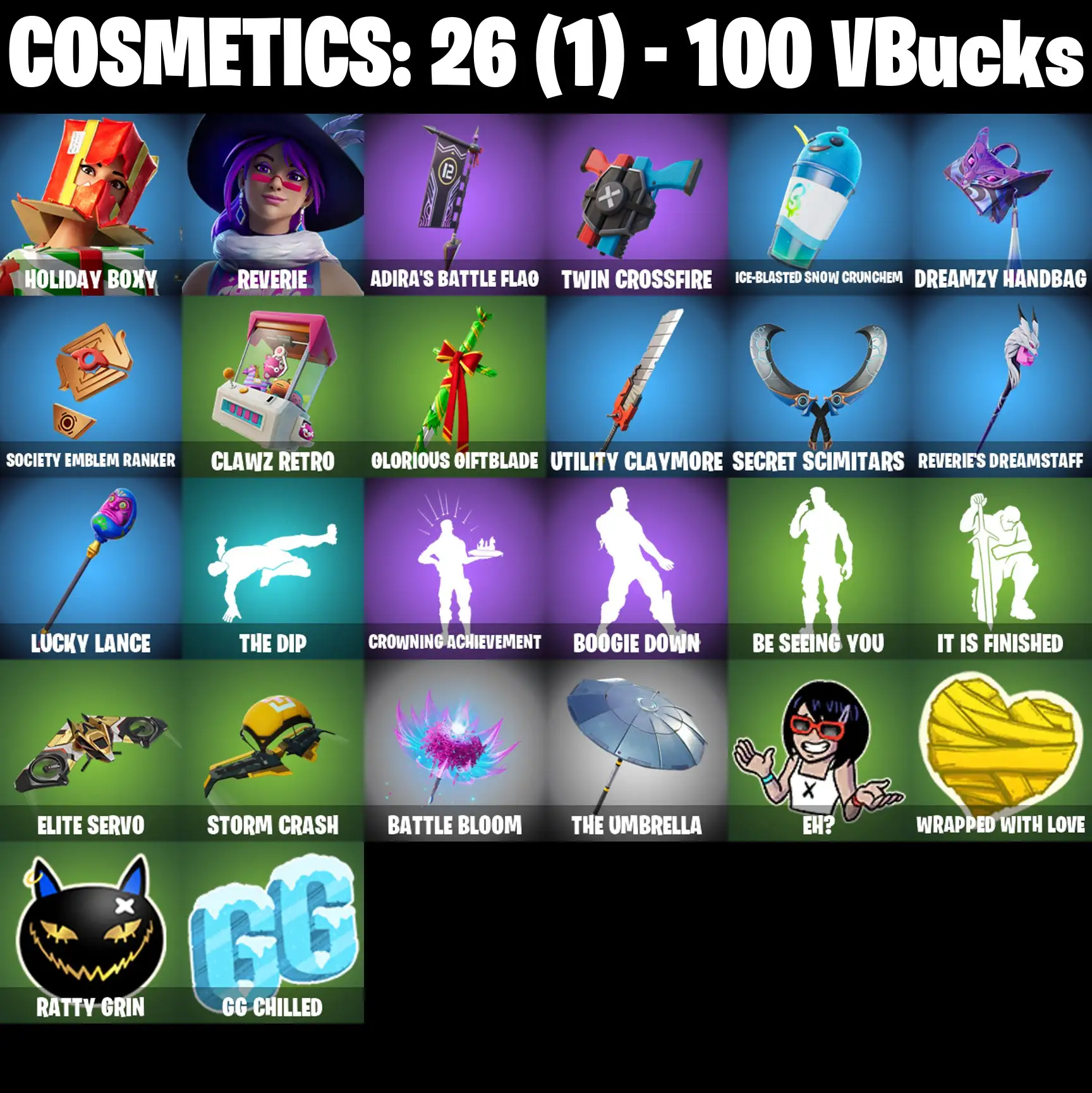 [PC/PSN/XBOX] 2 skins | Holiday Boxy | Reverie | Adira's Battle Flag | Twin Crossfire | Ice-Blasted Snow Crunchem | Dreamzy Handbag | 100 VB