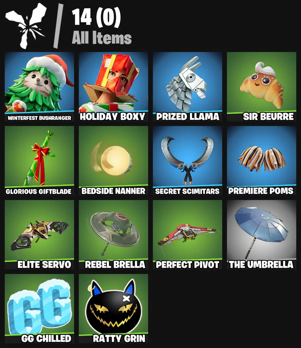 [PC/PSN/XBOX] 2 skins | Winterfest Bushranger | Holiday Boxy | Prized Llama | Sir Beurre | Glorious Giftblade | Bedside Nanner | Secret Scimitars | 0 VB