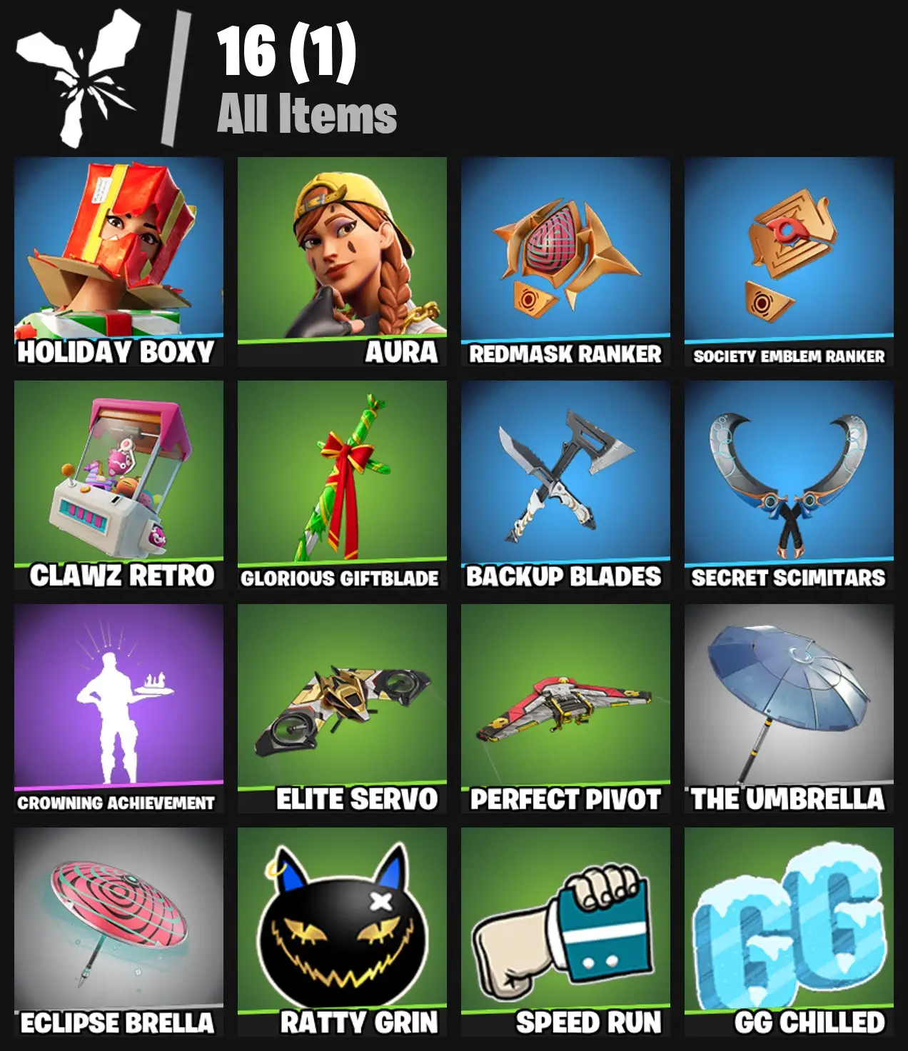 [PC/PSN/XBOX] 2 skins | Holiday Boxy | Aura | Redmask Ranker | Society Emblem Ranker | Clawz Retro | Glorious Giftblade | Backup Blades | 0 VB