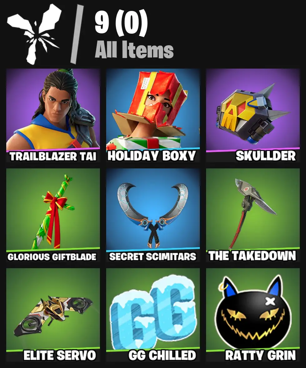 [PC/PSN/XBOX] 2 skins | Trailblazer Tai | Holiday Boxy | Skullder | Glorious Giftblade | Secret Scimitars | The Takedown | Elite Servo | 100 VB