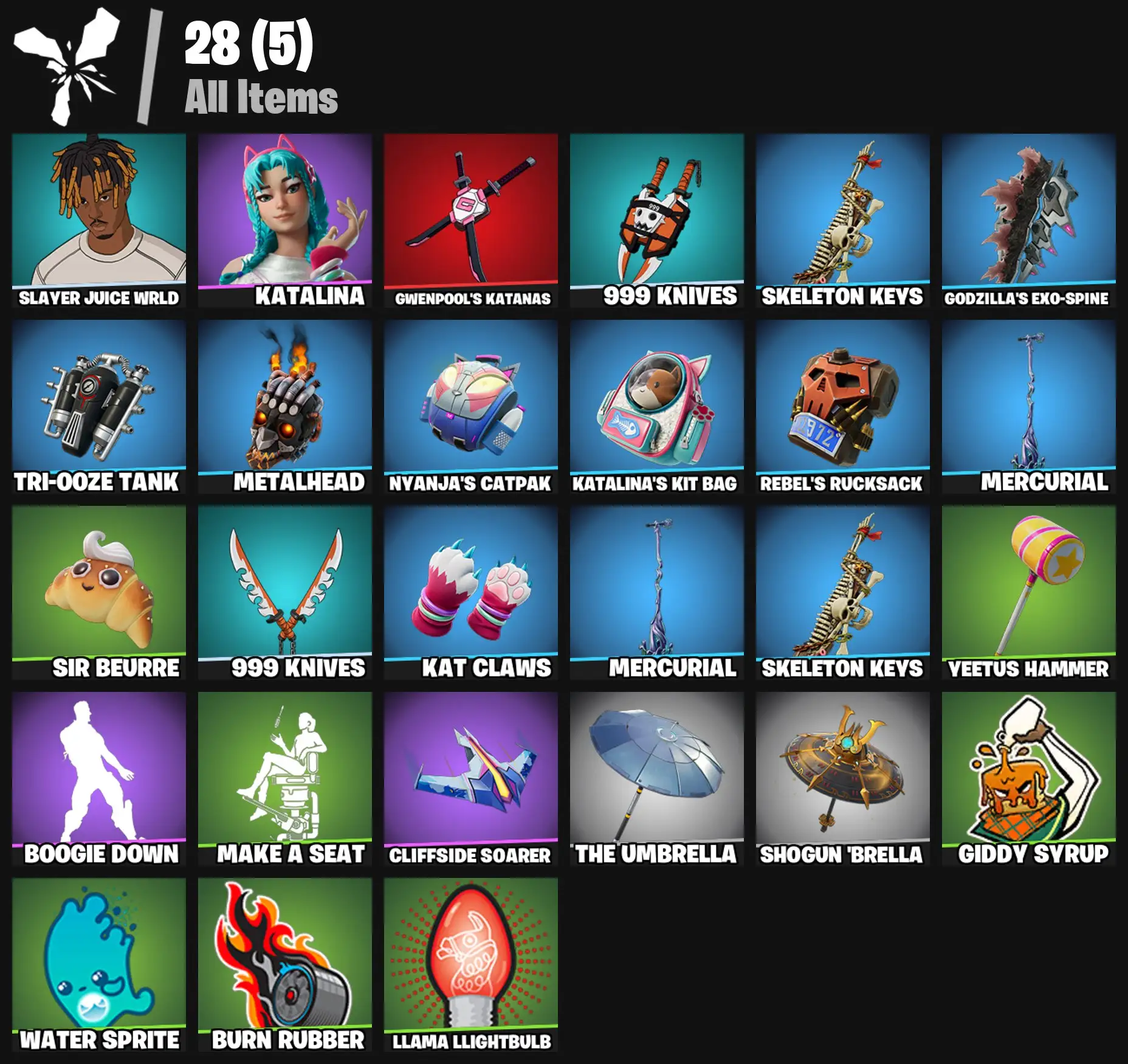 [PC/PSN/XBOX] 2 skins | Slayer Juice WRLD | Katalina | Gwenpool's Katanas | 999 Knives | Skeleton Keys | Godzilla's Exo-Spine | Tri-Ooze Tank | 200 VB