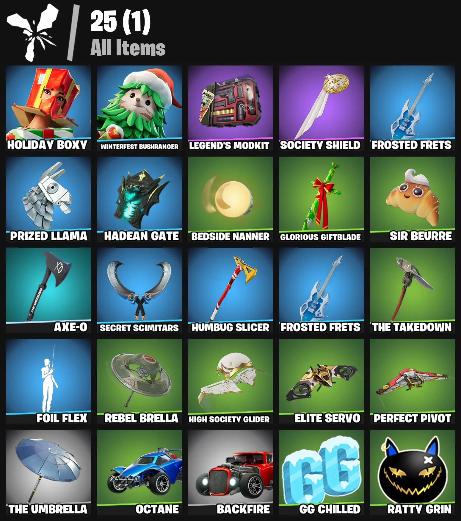 [PC/PSN/XBOX] 2 skins | Holiday Boxy | Winterfest Bushranger | Legend's Modkit | Society Shield | Frosted Frets | Prized Llama | Hadean Gate | 100 VB