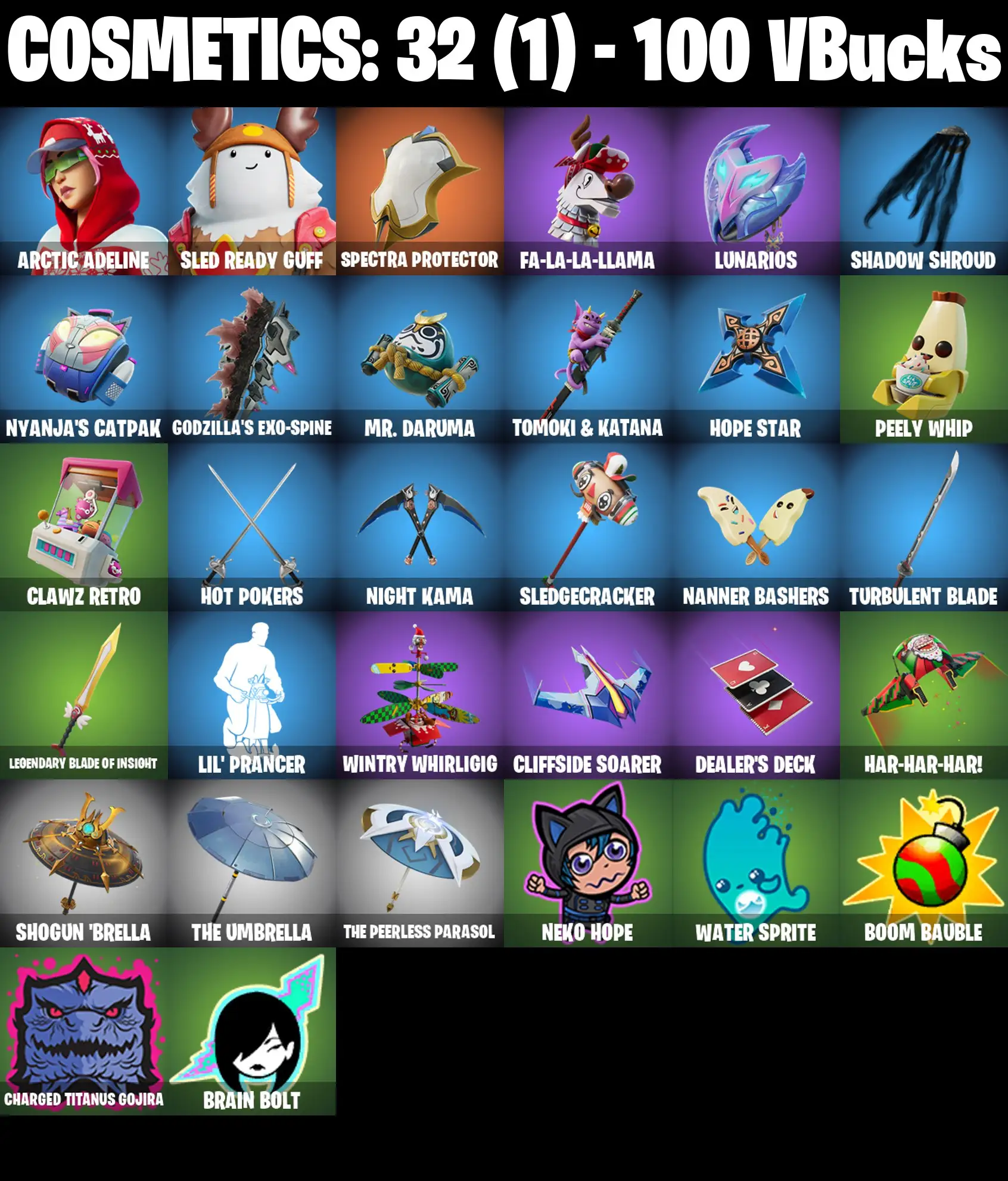 [PC/PSN/XBOX] 2 skins | Arctic Adeline | Sled Ready Guff | Spectra Protector | Fa-la-la-Llama | Lunarios | Shadow Shroud | Nyanja's Catpak | 100 VB