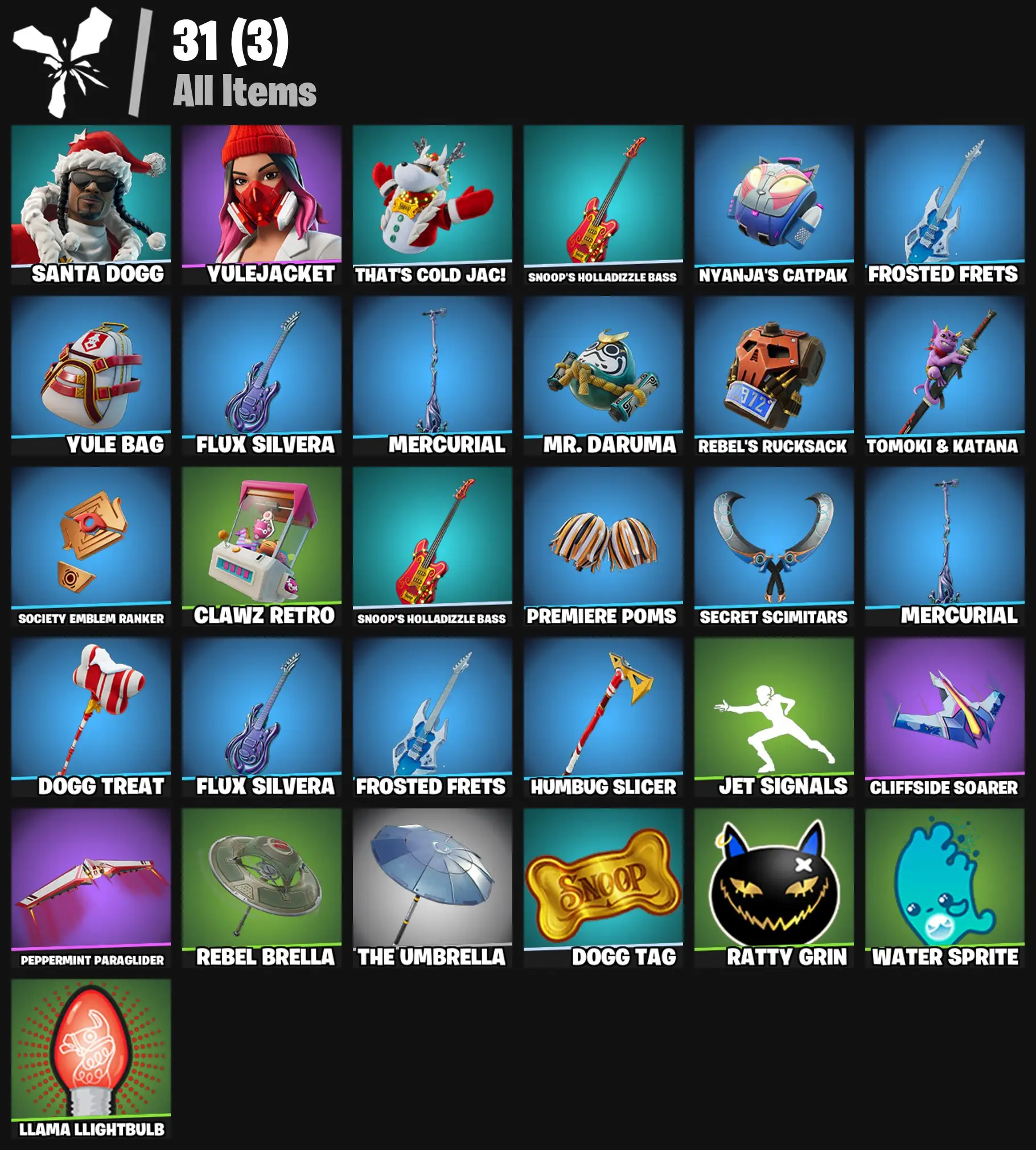 [PC/PSN/XBOX] 2 skins | Santa Dogg | Yulejacket | That's Cold Jac! | Snoop's Holladizzle Bass | Nyanja's Catpak | Frosted Frets | Yule Bag | 100 VB
