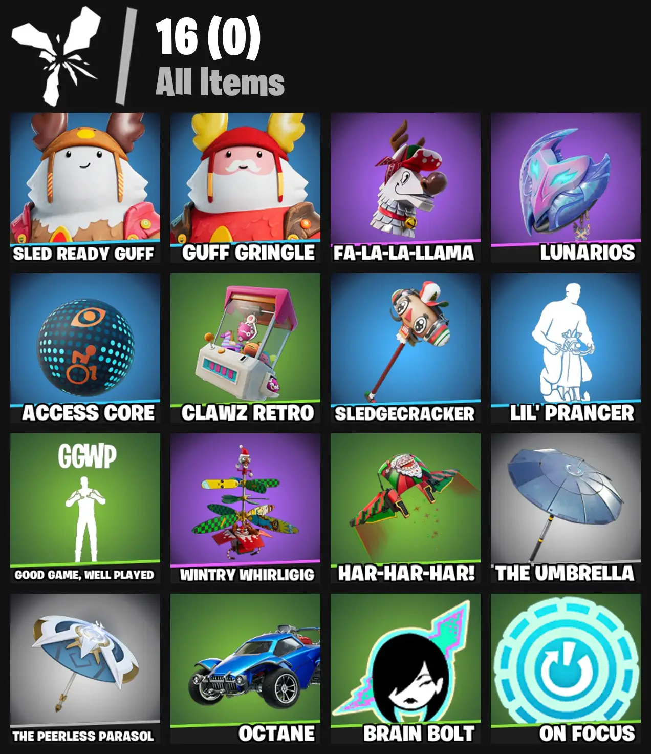 [PC/PSN/XBOX] 2 skins | Sled Ready Guff | Guff Gringle | Fa-la-la-Llama | Lunarios | Access Core | Clawz Retro | Sledgecracker | Lil' Prancer | 0 VB